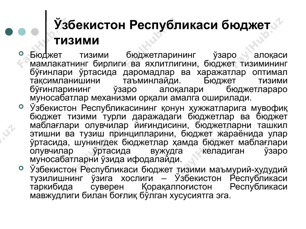 атроф муҳитни муҳофаза қилиш; фуқаролик ҳолати актларини қайд этишни таъминлаш; норматив ҳужжатларни қабул қилиш ҳамда ўзбекистон республикаси конституциясига ва ўзбекистон республикаси қонунларига зид келмайдиган бошқа ваколатларни амалга ошириш. 3) ўзбекистон республикасининг молия ва пул-кредит тизими (xxv боб): ўзбекистоннинг давлат бюджети республика бюджетидан, қорақалпоғистон республикаси бюджетидан ва маҳаллий бюджетлардан иборат (122-модда). ўзбекистон республикаси ҳудудида ягона солиқ тизими амал қилади. солиқлар жорий қилишга фақат ўзбекистон республикасининг олий мажлиси ҳақли (123-модда). “маҳаллий давлат ҳокимияти тўғрисида” ўзбекистон республикасининг қонуни “маҳаллий давлат ҳокимияти тўғрисида” ўзбекистон республикасининг қонуни маҳаллий давлат ҳокимияти фаолиятининг иқтисодий ва молиявий асосларини, унинг маҳаллий бюджетни тузиш ва ижро этиш ҳамда унинг ижроси тўғрисида ҳисобот тақдим этиш, ҳудудни ривожлантиришнинг истиқболга мўлжалланган дастурларини, ҳудуднинг бош режаси ва уни қуриш қоидаларини ишлаб чиқиш ва қабул қилиш, амалдаги қонунларга мувофиқ маҳаллий солиқлар, йиғимлар, бож миқдорини белгилаш, маҳаллий бюджетга тушадиган маҳаллий солиқлар, йиғимлар ва тўловлар бўйича имтиёзлар бериш масалаларини ҳал қилиш бўйича ваколатларини мустаҳкамлайди. 1) маҳаллий давлат …