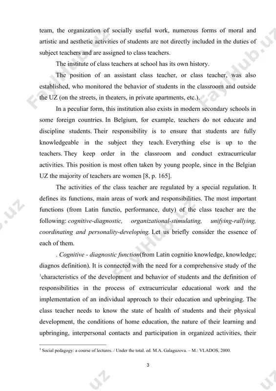 f teachers are women [8, p. 165]. the activities of the class teacher are regulated by a special regulation. it defines its functions, main areas of work and responsibilities. the most important functions (from latin functio, performance, duty) of the class teacher are the following: cognitive-diagnostic, organizational-stimulating, unifying-rallying, coordinating and personality-developing. let us briefly consider the essence of each of them. . cognitive - diagnostic function(from latin cognitio knowledge, knowledge; diagnos definition). it is connected with the need for a comprehensive study of the characteristics of the development and behavior of students and the definition of responsibilities in the process of extracurricular educational work and the implementation of an individual approach to their education and upbringing. the class teacher needs to know the state of health of students and their physical development, the conditions of home education, the nature of their learning and upbringing, interpersonal contacts and participation in organized …