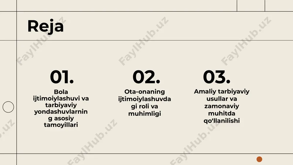 ashuvlar, o'qituvchilarning roli, muhit va metodlar. masalan, interaktiv metodlar orqali ijtimoiy qobiliyatlar rivojlantiriladi. ota-onalar va jamiyat o'rtasidagi hamkorlik: ota-onalarning roli, maktab bilan hamkorlik, umumiy maqsadlar va faoliyatlar. bu bola rivojlanishini kuchaytiradi. ota-onaning ijtimoiylashuvdagi roli ota-onaning bola ijtimoiylashuvidagi o'rni ota-onalar bolalarni jamiyat qoidalariga o'rgatadi, madaniyat, odob-axloq va davranishlarni namuna qilib ko'rsatadi. bu ularning ijtimoiylashuvida muhim ahamiyat kasb etadi. ota-onaning tarbiyaviy yondashuvlari tarbiyaviy yondashuvlar: muvozanatli, autoritar va erkin. har bir yondashuv bolalar rivojiga turlicha ta'sir qiladi, ularning mustaqil fikrlash va ijtimoiy qobiliyatlarini shakllantiradi. ota-onaning ijtimoiy muhitga ta'siri ota-onalar ijtimoiy statusi, madaniyati va odatlari bilan bolalarning ijtimoiy muhitga moslashuvi va ijtimoiy ko'nikmalarga ega bo'lishida muhim rol o'ynaydi. ota-onaning muqaddas vazifalari ota-onalar bolalarining tarbiyasida asosiy rol o'ynaydi. ular axloqiy, madaniy va ijtimoiy qiymatlarni shakllantirishda muhim vazifa bajaradi. masalan, mehr-oqibat va mas'uliyatni o'rgatish ota-onaning vazifalaridan biridir. ota-onaning bola ijtimoiylashuviga qo'shgan hissasi uning jamiyatdagi faol roli bilan bog'liq. ular bolalarga qoidalar va odob-axloqni o'rgatadi, shuningdek, jamiyatga …
