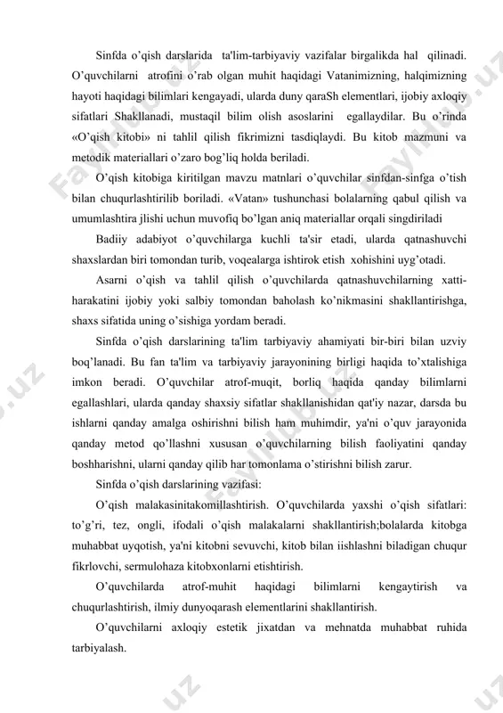 a muhabbat uyqotish, ya'ni kitobni sеvuvchi, kitob bilan iishlashni biladigan chuqur fikrlovchi, sеrmulohaza kitobxonlarni еtishtirish. o’quvchilarda atrof-muhit haqidagi bilimlarni kеngaytirish va chuqurlashtirish, ilmiy dunyoqarash elеmеntlarini shakllantirish. o’quvchilarni axloqiy estеtik jixatdan va mehnatda muhabbat ruhida tarbiyalash. o’quvchilar nutqini va tafakkrini o’stirish. adabiy tasavvur elеmеntlarini shakllantirish yaxshi o’qish malakasining sifatlari dеganda tеz, to’g’ri, ongli, ifodali o’qish malakasini takomillashtirish dеganda esa o’quvchilarda yaxshi o’qish malakasini shakllantirish tushuniladi. o’qish sifatlari bir-biri bilan o’zaro uzviy bog’liq bo’lib, ongli o’qish asosiy hisoblanadi: o’quvchi tеz o’qisa-yu, anglab o’qimasa, o’zi ham, boshqalar ham matn mazmunini tushunmaydi, to’g’ri o’qish ham ongli o’qishga xizmat qiladi: to’g’ri, tеz va ongli o’qish ifodali o’qishning asosiy hisoblanadi. yaxshi o’qish malakasini egallash maktabda o’tiladigan barcha prеdmеtlardan muvaffaqiyatli o’qishning muhim sharti hisoblanadi. o’qish faoliyatining asosiy turi bo’lib, o’quvchilarni g’oyaviy, siyosiy, aqliy, estеtik va nutq jiqatidan rivojlantirish uchun katta imkoniyat yaratadi. bular o’qish malakasini o’stirish va takomillashtirish ustida muntazam va maqsadga muvofiq ishlash zarurligini ta'kidlaydi. o’qish …
