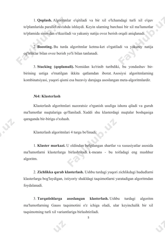 nidan belgilanadi. yakuniy fikrlar mashinani o'rganish ma'lumotlar fanining eng mashhur va keng ko'lamli o'rganilgan kichik sohalaridan biridir. yanada aniqroq va tezroq bajarilishiga erishish uchun doimiy ravishda yangi algoritmlar ishlab chiqilmoqda. umuman olganda, mashinani o'rganishni 4 toifaga bo'lish mumkin: nazorat ostida o'rganish, nazoratsiz o'rganish, yarim nazoratli o'rganish va mustahkamlovchi o'rganish. ularning har biri turli vazifalar uchun mo'ljallangan ko'plab algoritmlarni o'z ichiga oladi. ushbu maqolada men mashinani o'rganish bo'yicha har bir yangi boshlovchi bilishi kerak bo'lgan 5 turdagi nazorat ostida va nazoratsiz o'rganish algoritmlari haqida gapirdim. ular yaxshi o'rganilgan va keng qo'llanilgan, shuning uchun ularni qanday amalga oshirishni tushunishingiz shart emas, faqat ulardan qanday foydalanish kerak. bundan tashqari, scikit learn kabi mashinani o'rganish uchun eng mashhur python vositalarida ushbu algoritmlarning aksariyati allaqachon o'rnatilgan. shunday qilib, mening maslahatim: texnikani tushuning, dasturni o'zlashtiring va qurishni boshlang 1