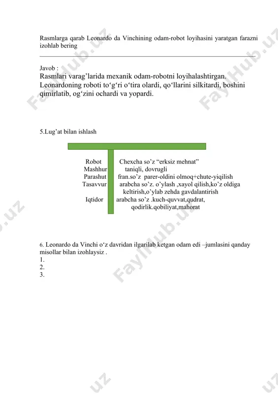 o da vinchi o?z davridan ilgarilab ketgan odam edi. (“internet” ma’lumotidan) olim bosma va tuquvchilik dastgohi suv osti kemasi ixtirochi muhandis uchish aparati me’mor rassom odam anatomiyasini o’rganadi