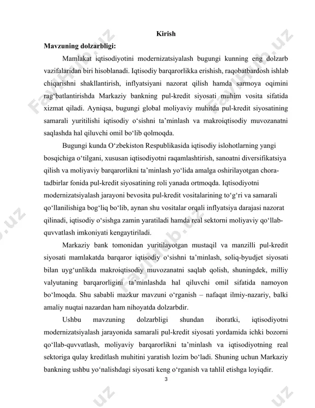 iy bank institutlarining paydo bo‘lishi va ularning iqtisodiyotni tartibga solishdagi roli ortishi bilan shakllana boshladi. pul-kredit siyosatining nazariy asosi sifatida klassik iqtisodiy maktab vakillari – adam smit, devid rikardo va jon styuart mill asarlarida bozor muvozanati, pul muomalasi va narxlar mexanizmi haqida ilk tushunchalar shakllandi. ammo bu davrda davlatning iqtisodiyotga aralashuvi cheklangan edi. keyinchalik, 20-asr boshlarida, ayniqsa, 1929–1933 yillardagi buyuk iqtisodiy inqirozdan so‘ng davlatning iqtisodiy jarayonlardagi roli keskin oshdi. bu jarayonda ingliz iqtisodchisi jon meynard keynsning ishlari alohida ahamiyat kasb etdi. u bozor iqtisodiyoti o‘z-o‘zidan muvozanatga erisha olmasligini isbotlab, davlat tomonidan amalga oshiriladigan pul va fiskal siyosat zaruriyatini asoslab berdi. keyns nazariyasi asosida pul-kredit siyosati iqtisodiyotni rag‘batlantirishning muhim vositasi sifatida qarala boshlandi. ikkinchi jahon urushidan so‘ng ko‘plab mamlakatlar o‘z milliy markaziy banklarini tashkil etib, monetar siyosatni olib borishni boshladi. 1970-yillarda esa monetarizm nazariyasi – milton fridman boshchiligida pul miqdorini nazorat qilish orqali inflyatsiyaga qarshi kurashishga asoslangan yondashuv keng yoyildi. o‘zbekiston …