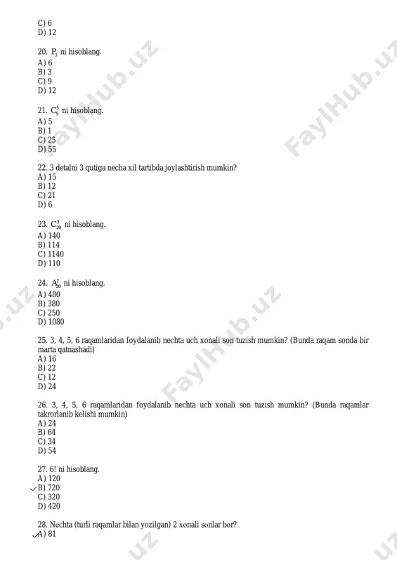 qism to‘plami bo‘lsa 52. qism to‘plam deb nimaga aytiladi? a) a va b to‘plamlarining umumiy elementlari bor bo‘lsa b) agar a to‘plamning ayrim elementlari b to‘plamda elementi bo‘lsa c) a va b to‘plamlari teng bo‘lsa d) agar a to‘plamning barcha elementlari b to‘plamga tegishli bo‘lsa 53. cheksiz to‘plamlar qanday usulda beriladi? a) xarakteristik xossalarini ko‘rsatish orqali b) elementlarini sanab ko‘rsatish yo‘li bilan c) eyler-venn diagrammalari bilan d) xohlagan xossalarini ko‘rsatish orqali 54. bo‘sh to‘plam deb qanday to‘plamga aytamiz? a) hech bir elementga ega bo‘lmagan to‘plam b) chekli to‘plam c) natural sonlar to‘plami d) cheksiz to‘plam 55. to‘plamlar qanday harflar bilan belgilanadi? a) lotin alifbosining kichik harflari bilan b) arab alifbosining bosh harflari bilan c) lotin alifbosining bosh harflari bilan d) grek alifbosining bosh harflari bilan 56. to‘plamlar berilish usullari nechta? a) 5 b) 4 c) 3 d) 2 57. n - natural sonlar to‘plami, z - butun sonlar to‘plami, q …