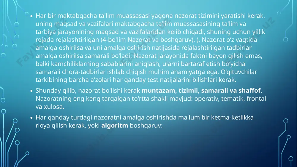 dagi tushunchalarni yoritishdan iborat. kurs ishining ob’ekti: bola shaxsini rivojlanish omillari jarayonini rejalashtirish. kurs ishining metodlari: ishimizni quydagi metodlarga asoslanib olib bordik: 1. kuzatish 2. savol-javob 3. suxbat 4. tajriba kurs ishining tuzulishi: 2 bob 4 paragrf, xulosa va tavsiyalar, foydalanilgan adabiyotlar ro’yxati. i.bob maktabgacha yoshdagi bolalar rivojlanishi 1.1. maktabgacha yoshdagi bolalarning psixologik jarayonlarining rivojlanishi ushbu o'qitish tamoyillarini amalga oshirish har doim ham muvaffaqiyatli emas, chunki bu ko'plab tarkibiy qismlarga bog'liq: maktabning moddiy holati, o'qituvchilarning uslubiy va kasbiy malakasi va ko'plab ijtimoiy omillar. natijada, bu turdagi mashg'ulotlarda ko'plab muammolar, birinchi navbatda, psixologik muammolar mavjud.bolalardagi noqulay sharoitlarda kompleks tadqiqotlar ma'lumotlariga ko'ra, sog'lig'ining holati yomonlashadi: vazn kamayadi, qondagi gemoglobin miqdori kamayadi, ko'rish keskinligi pasayadi, bosh og'rig'i paydo bo'ladi. umumiy farovonlikning yomonlashishi bilan bog'liq holda, bola tez-tez kasal bo'lishni boshlaydi, ish qobiliyati yanada pasayadi - bularning barchasi akademik ko'rsatkichlarda aks etadi. ba'zi hollarda nevrozlar (tiklar, qo'rquvlar, enurez va boshqalar), maktabning noto'g'ri moslashuvi paydo …