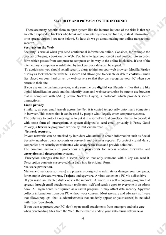 - if you insert an infected disk - or via the internet. a worm is a self – copying program that spreads through email attachments; it replicates itself and sends a cpoy to everyone in an adress book. a trojan horce is disguised as a useful program; it may affect data security. spyware collects information fromyour pc without your consent. most spyware and adware ( software that allows pop-ups- that is, advertisements that suddenly appear on your screen) is included with ‘free ‘downloads. if you want to protect your pc, don’t open email attachments from strangers and take care when doneloading files from the web. remember to update your anti- virus software as often as possible, since new viruses are being created all the time. note: originally, all computer enthusiasts and skilled programmers were known as hackers, but during the 1990s , the term hacker became synonyms with cracker- a …