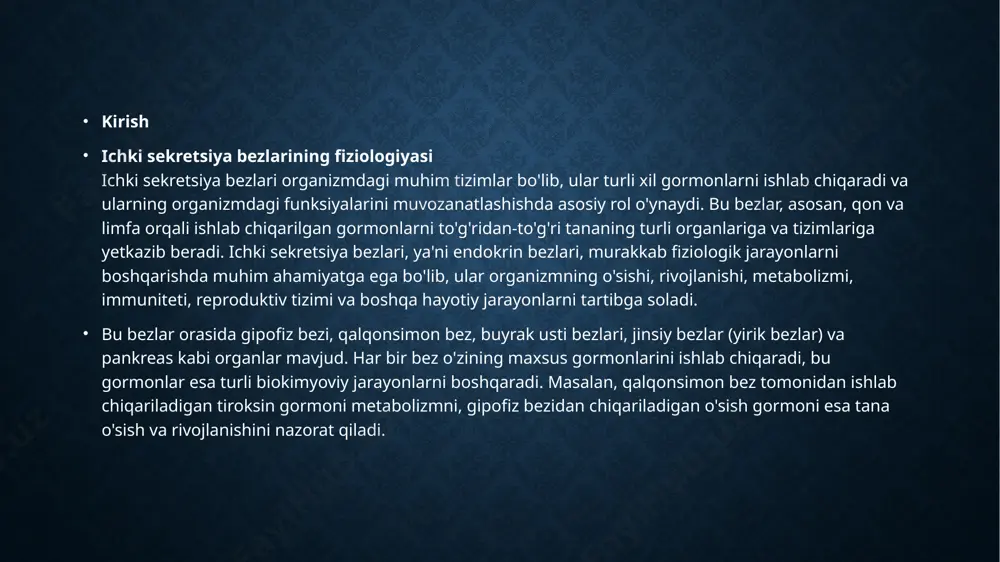 ng uchun bu bezlar ichki sekretsiya bez/ari deb ataladi. lehki sekretsiya bezlariga gi pofiz, epifiz, qalqonsimon, qalqon oldi, ayrisimon, buyrak usti bezlari kiradi. 3. aralash bezlar. bularning to'qimasi ikki qismdan iborat. . bo'lib, bir qismida ishlab ehiqariladigan suyuqlik xuddi tashqi sekretsiya bezlariga o'xshab tashqi muhitga ehiqariladi, ikkinehi qismida ishlab ehiqariladigan suyuqlik esa xuddi iehki sekretsiya bezlari singari organizmning iehki muhitiga, ya'ni qon va limfaga quyiladi. aralash bezlarga oshqozon osti va jinsiy bezlar kiradi ichki sekretsiya bezlari odam tanasining turli qismlarida joy¬lashgan bo'lib, ularda ishlab ehiqariladigan suyuqlik gormon deb ataladi. bezlarda ishlab ehiqariladigan gormon bevosita bezning to'qimasidan o'tayotgan qon va limfaga quyiladi.ehki sekretsiya bezlarida ishlab ehiqariladigan gormonlar ni¬hoyatda oz miqdorda, ya'ni grammning milliard qismiga teng. ammo shunga qaramay, ular odam organizmidagi bareha moddalar almashinuvi jarayonlarida, to'qima va organlar funk¬sivasininl! boshaarilishida. bolalar hamda o'smirlar organizmining o'sishi va rivojlanishida, ular balog'atga yetishida, odam nasi qol¬dirishida muhim ahamiyatga ega. ichki sekretsiya bezlarining hammasi birga …