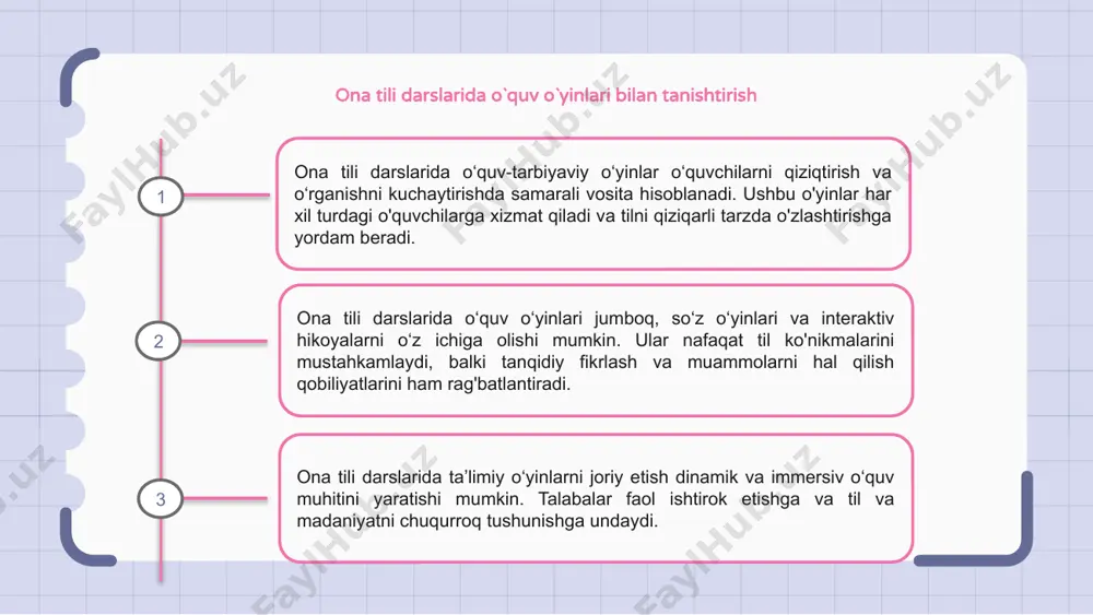 bog'lanishga yordam beradi. ona tili darslarida tashkil etiladigan o‘quv o‘yinlarining turlari ko‘pincha rolli o‘yinlar, so‘zlarni moslashtirish mashqlari, qo‘shiq va qofiyalar orqali til o‘rganishni o‘z ichiga oladi. bu mashg‘ulotlar o‘quvchilarga til ko‘nikmalarini mashq qilishning qiziqarli va samarali usulini beradi. madaniy elementlarni o'quv o'yinlariga kiritish ona tili darslarida o‘quv o‘yinlari o‘quvchilarning bilim olish tajribasini boyitib, madaniy elementlarni o‘zida mujassamlashtirish uchun noyob imkoniyat yaratadi. bu o‘yinlar o‘quvchilarni o‘zlarining madaniy merosi, tili, an’analari va qadriyatlari bilan qiziqarli va interaktiv tarzda tanishtirishi mumkin. madaniy elementlarni o'quv o'yinlariga kiritish orqali o'quvchilar nafaqat o'z bilimlarini oshiradilar, balki o'z madaniyatini chuqurroq qadrlashadi. 1 2 3 ona tili darslarida o`quv o`yinlarini baholash va baholash ona tili darslarida o‘quv o‘yinlari mazmuni va maqsadiga ko‘ra turli turlarga bo‘linadi. ushbu o'yinlar til ko'nikmalarini o'rganish va saqlab qolish uchun ishlatiladi. ona tili darslarida o‘quv o‘yinlarini baholash va baholash ushbu o‘yinlarning o‘quvchilarning til rivojlanishi va malakasiga ta’siri va samaradorligini o‘lchash uchun muhim ahamiyatga ega. …