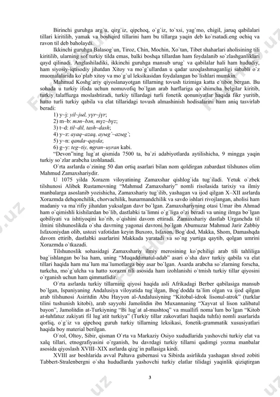 matikalari manbaida vujudga keldi. shunga ko`ra ham, turkiy tillarni qiyosiy-tarixiy o`rganish, ularning mukammal ilmiy-qiyosiy grammatikalarini yaratish hozirgi turkiy tillar tilshunosligi oldidagi hali to`la hal qilinmagan, hal qilinishi lozim bo`lgan eng muhim muammolardan biridir. bu muammolarni qiyosiy-tarixiy tilshunoslik oldiga qo`yilgan asosiy tamoyillar asosida hal qilish hozirgi turkiy tillar qiyosiy grammatikasining maqsad va vazifalari, mazmun va mundarijasini ham belgilab beradi. bu tamoyillar quyidagilar: 1) qiyoslanayotgan tillarning qarindoshlikka asoslangan umumiyligini aniqlash bu tillarning bir asostildan tarqalganligini belgilashning zaruriy sharti ekanligi; 2) qiyoslashni induktiv va diduktiv uslub (oddiydan murakkabga, faktlardan ilmiy xulosalarga tamoyili)da olib borish; 3) qiyoslashda qiyoslanayotgan tillarning eng qadimgi leksik qatlamiga (qarindoshlik atamalari, tub sonlar, o`zak fe`llar kabi) tayanish; 4) qiyoslanayotgan tillar leksik qatlamidagi so`zlarning grammatik shakllanishidagi umumiylik, o`xshashliklarni belgilash; 5) qiyoslashda so`z va grammatik shakllarning tovushlar tizimini asosga olish, bunda tarixiylik tamoyiliga tayanish; 6) qiyoslanayotgan so`z va grammatik shakllarning etimologik tahliliga alohida o`rin berish. tillarni qiyosiy o`rganish garchi xviii–xix asrlarda g`arb …