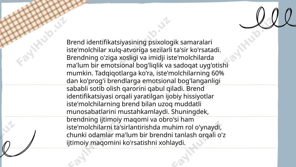 vorida muhim rol o'ynaydi va ijtimoiy me'yorlarni shakllantirishga yordam beradi. ... t.me/slaydai_bot reklama va xotira o'rtasidagi aloqalar ta’sirli. tadqiqotlarga ko'ra, inson miyasiga kiradigan ma'lumotlarning taxminan 80% vizual tarzda esda qoladi. reklama xotirada uzoq muddat saqlanishi uchun takrorlanish muhimdir, shuning uchun ko'plab reklama kampaniyalari bir necha marotaba namoyish etiladi. aida (diqqat, qiziqish, istak, harakat) modeli reklama samaradorligini oshirishda keng qo'llaniladi. shuningdek, tajriba natijalariga ko'ra, emotsional reklamalar oddiy reklamalardan 23% ko'proq yodda qoladi. shu bois, reklama yaratuvchilari taassurot qoldirish uchun ko'pincha hissiy omillarni qo'shadilar. ... t.me/slaydai_bot motivatsiya shaxsni muayyan maqsadga erishish uchun yo'naltiruvchi ichki kuchdir. rag'batlantirish orqali motivatsiya usullaridan biri maqsadlarni aniqlashtirishdir, chunki maqsadlar aniq bo'lsa, ularga erishish ham osonlashadi. ilmiy tadqiqotlar natijasida ma'lum bo'ldiki, maqsadlarni yozib qo'yish natijasida 42% muvaffaqiyat ehtimoli oshadi. rag'batlantirish strategiyalariga tan olinganlik hissini yaratish ham kiradi, bu ishchi samaradorligini 20% ga oshirishi mumkin. shuningdek, bonus va mukofotlar dasturlari qo'llanilsa, bu xodimlarning 44% motivatsiyasini oshiradi. rag'batlantirish orqali motivatsiyani …
