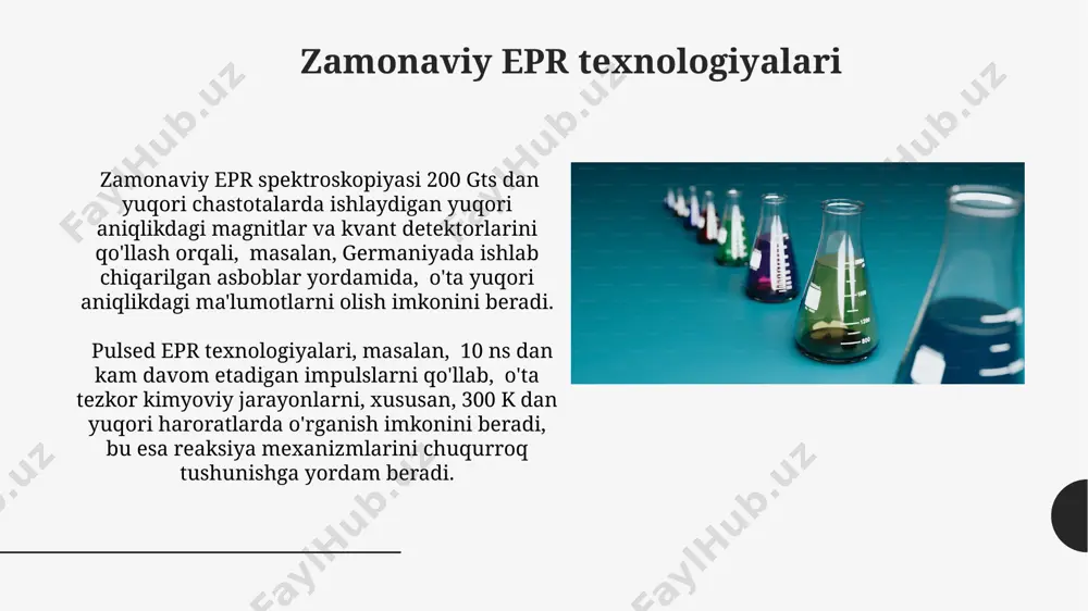 hkentdagi laboratoriyalarda o'tkazilgan tajribalar shuni ko'rsatdi. muhitni monitoring qilish toshkent viloyatidagi kimyoviy zavodlar yaqinidagi havo namunalarini tahlil qilishda epr, 2 ppm dan yuqori konsentratsiyada mavjud bo'lgan azot oksidlarini aniqlash imkonini berdi. samarqanddagi paxta dalalarida pestitsidlarning qoldiq miqdorini aniqlash uchun epr spektroskopiyasi qo'llanilib, 10mg/kg dan kamroq miqdorda ham aniq natijalar olindi. epr spektroskopiyasining asosiy printsiplari epr spektroskopiyasi germaniyada ixtiro qilingan bo'lib, uning signallari magnit maydon kuchining o'zgarishiga bog'liq bo'lib, bu g-faktor kabi parametrlarni aniqlash imkonini beradi va kimyoviy reaksiyalarni 300 ms vaqt oralig'ida kuzatish mumkin. ushbu usul yordamida moddalarning tuzilishi, elektron zichligi va kimyoviy reaksiyalar kinetikasi haqida ma'lumot olish mumkin, masalan, 200 k temperaturada o'tkazilgan tajribalar natijalari o'rganiladi. yuzaki hodisalarni o'rganish epr spektroskopiyasi 300 k dan past haroratlarda oʻtkaziladigan tajribalarda, masalan, kriogenik suyuqliklar yordamida, radikal reaktsiyalar kinetikasini aniqlashda yuqori aniqlikka ega. epr texnikasi yordamida biomolekulalardagi 10-20 nanometr oʻlchamdagi paramagnit markazlarni aniqlash va ularning dinamikasini oʻrganish mumkin, bu esa biokimyoviy jarayonlarni tushunishga …