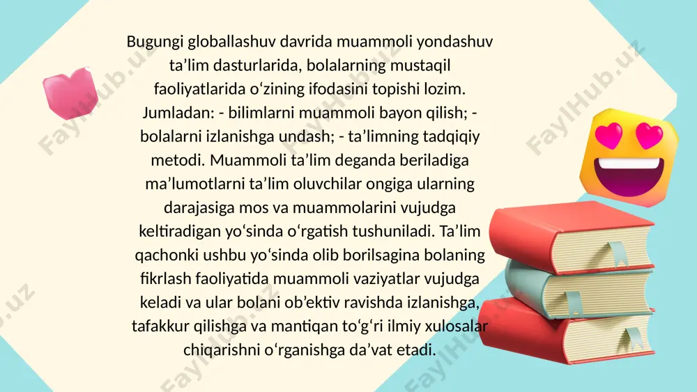 kelib chiqish sabablarini aniqlash muammoli vaziyatning oqibatlari to’g’risida fikr yuritish - muammoli vaziyatning yechimini ishlab chiqish - to’g’ri yechimlarni tanlash muammoli ta’lim faoliyatini tashkil etish va o‘tkazishning muhim tomoni shundaki, bunda pedagog ushbu ta’limning ham ta’limiy, ham tarbiyaviy funktsiyasini yaxshi anglab olgan bo‘lishi talab qilinadi. pedagog hech qachon ta’lim oluvchiga tayyor yechimni berishi kerak emas, balki ularni fikrlashiga, aqliy rivojlanishiga, bilim olishlariga turtki bo‘lishi, ularning barcha faoliyatlarida zarur bo‘lgan axborot, voqea va hodisalarni ongida qayta ishlashlariga yordam berishi lozim. ushbu ta’lim texnologiyasidan, muammoli vaziyatlardan o‘quv jarayonining barcha bosqichlarida foydalanish mumkin. grafik organayzerlar – fikriy jarayonlarni ko‘rgazmali taqdim etish vositasi hisoblanadi. grafik organayzer – ma’lumot va g‘oyalarni tushunish va o‘zlashtirish uchun qulay tarzda tartibga solingan o‘qitish va o‘rganish vositasi. matn va vizual tasvirlarni birlashtirgan holda, grafik organayzerlar - tushunchalar, atamalar va faktlar o‘rtasidagi munosabatlar va aloqalarni ko‘rsatadi. grafik organayzer quyidagi turlarga bo‘linadi: 1.ma’lumotlarni tarkiblash va tarkibiy bo‘lib chiqish, o‘rganilayotgan tushunchalar (voqea …
