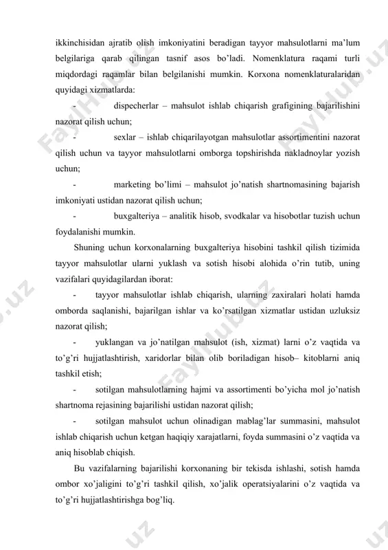 arilishi korxonaning bir tekisda ishlashi, sotish hamda ombor xo’jaligini to’g’ri tashkil qilish, xo’jalik operatsiyalarini o’z vaqtida va to’g’ri hujjatlashtirishga bog’liq. 2. mahsulotni yuklab jo’natish va sotish jarayonini hujjatlarda rasmiylashtirish тayyor mahsulotlarni ishlab chiqarish sohasidan omborxonaga o’tkazish jarayonida quyidagi dastlabki hujjatlar: qabul qilish – topshirish nakladnoylari, dalolatnomalar, rejalar, kartalariga muvofiq hisobga olinadi. тayyor mahsulotlarni yuklab jo’natish o’z ichiga ikkita hujjatni – omborga buyruq va jo’natish uchun nakladnoyni qamrab oladigan buyruq – nakladnoy bilan rasmiylashtiriladi. omborga buyruqni xaridorlar bilan tuzilgan sharnoma shartlariga asosan mol oluvchining nomi, uning kodi, mahsulotning miqdori va assortimenti hamda jo’natish muddati ko’rsatilganligini tegishli xizmat bo’limi yozib beradi. bu hujjat tegishli xizmat boshlig’i, omborchi va ekspeditor tomonidan imzolanadi. buyruq – nakladnoy ikki nusxada tuzilib, birinchisi tovar – transport nakladnoyiga binoan jo’natilgan o’rin miqdorini, yukning og’irligini va mol oluvchining bekatigacha mahsulotni yetkazib berish bo’yicha to’langan temir yo’l tarifi summasini ko’rsatish uchun ekspeditorga beriladi. ikkinchi nusxasi molning jo’natganligi to’g’risida asos bo’lib …