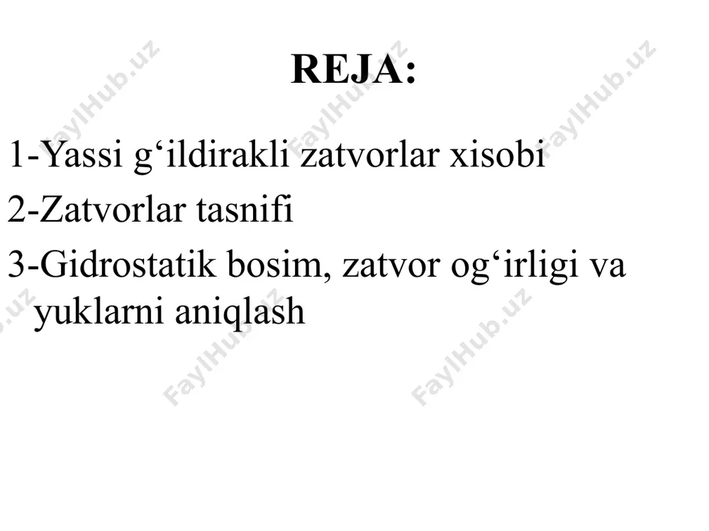 g umumiy tasnifi beflardagi suv sathiga nisbatan to‘siladigan oraliqning joylashuviga ko‘ra zatvorlar yuza va chuqur joylashgan bo‘ladi. yuza joylashgan zatvorlar vodoslivli tirqishlarni va chuqur joylashgan zatvorlar chuqur joylashgan tirqishlarni yopish uchun xizmat qiladi. chuqur joylashgan zatvorlarni suv o‘tkazuvchi inshoot kirish qismida, o‘rtasida yoki oxirida joylashtirish mumkin. chuqur joylashgan zatvorlarga taʼsir qiluvchi bosim 50 m va undan ortiq bo‘lsa yuqori bosimli zatvorlarga kiradi. очиқ ростловчи иншоот: 1-понур олдидаги шпунт; 2-понур; 3-марказий шпунт; 4-сув урилма; 5-пастки шпунт; 6-рисберма; 7-пастки бьеф қияликларини плиталар билан мустаҳкамлаш; 8-ен дефорлар; 9-хизмат кўприги; 10-затвор; 11-юқори бьеф қияликларини плиталар билан мустаҳкамлаш; 12-тескари фильтр. kitob kelajaging sari eng to‘g‘ri yo‘lni ko‘rsatadi. ekspluatatsiya qilish vaqtidagi vazifasiga ko‘ra zatvorlar asosiy, avariya, avariya-taʼmirlash, qurilish turlariga bo‘linadi. asosiy zatvorlar suv sarfini o‘tkazish, beflardagi suv sathini berilgan belgida ushlab turish, suvni proporsional bo‘lish, cho‘kindilardan himoyalash uchun mo‘ljallanadi. bu zatvorlar ekspluatatsiya qilish davrida ishchi holatda bo‘lishi kerak va har qanday bosimda oqayotgan suvda ko‘tarib-tushirilishini taʼminlashi …