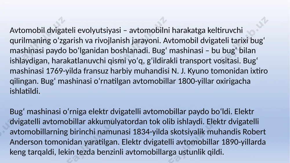 harakat hosil bo'ladi. benzinli dvigatellari odatda avtomobillar, mototsikllar, gazoqobillar va boshqa transport vositalarida ishlatiladi. dizel dvigatel: bu dvigatel dizel kabi yanuvchi maydoni ishlatib, ishlaydi. dizel silindrlarga kirib, issiqlik bilan bug'dga aylanadi va uning yonib ketishi natijasida harakat hosil bo'ladi. dizel dvigatellari odatda avtobuslar, lokomotivlar, kema va boshqa transport vositalarida ishlatiladi. elektrli dvigatel: bu dvigatel elektr energiyasidan foydalanib, ishlaydi. elektr tokining magnit maydoni yaratishi orqali rotor harakatlanadi va uning o'qini transport vositasining mekhanizmlariga o'tkazadi. elektrli dvigatellari odatda metro, tramvay, elektr avtomobillar va boshqa transport vositalarida ishlatiladi gazli dvigatel: bu dvigatel gaz kabi yanuvchi maydoni ishlatib, ishlaydi. gaz silindrlarga kirib, bug'dga aylanadi va uning yonib ketishi natijasida harakat hosil bo'ladi. gazli dvigatellari odatda gaz turbinlari, reaktiv samolyotlar, helikopterlar va boshqa transport vositalarida ishlatiladi. hidrogenli dvigatel: bu dvigatel hidrogen kabi yanuvchi maydoni ishlatib, ishlaydi. hidrogen silindrlarga kirib, bug'dga aylanadi va uning yonib ketishi natijasida harakat hosil bo'ladi. hidrogenli dvigatellari odatda hidrogen avtomobillari, kosmik …