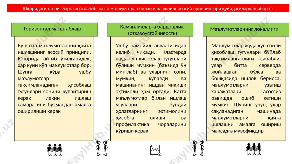 оддалаштириш учун маълумотларни визуализатсия қилиш усули қўлланилади. катта маълумотларни виртуал ҳақиқат ва катта экранлар ёрдамида тасаввур қилишингиз мумкин. визуал тасвирлар матнга қараганда яхшироқ қабул қилинади, чунки одам кўриш орқали маълумотнинг 90 фоизини олади. башоратли таҳлил ускунанинг бузилишига йўл қўймаслик учун асбоб-ускуналарга профилактик хизмат кўрсатиш вақтини олдинги ва жорий қийматлар асосида олдиндан аниқлаш мумкин. бу усул савдо соҳасида ҳам қўлланилади (олдинги даврлар натижаларига кўра сиз кейинги давр учун савдо прогнозини олишингиз мумкин); биржа савдогарлари; йетказиб бериш вақтини ҳисоблаш учун логистика; суғурта ва банк секторидаги фирибгарликларни аниқлаш; компаниянинг ўсиш прогнози ва молиявий кўрсаткичлари учун. катта маълумотларни таҳлил қилиш технологиялари nosql mapreduce hadoop r ускунa ечимлари nosql (инглиз тилидан not only sql) - ҳар хил номутаносиб маълумотлар базалари ва омборхоналар учун умумий атама бирон бир аниқ технология ёки маҳсулотни англатмайди. анъанавий реляцион маълумотлар базалари жуда тез ва бир хил бўлган сўровлар учун жуда мос келади ва катта маълумотларга хос бўлган мураккаб ва мослашувчан …