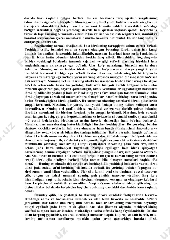 atiga ega bo‘ladi. oliy nerv faoliyatining ishida signallar sistemasining nisbati o‘zgaradi. agar bir yosh​gacha bo‘lgan bola asosan birinchi signallar sistemasi orqa​li tashqi muhitni aks ettirsa, ikki yoshga to‘lgandan so‘ng ik​kinchi signallar sistemasi ham ishga tusha boshlaydi. lekin ilk tarbiya yoshidagi davrda birinchi signallar sistemasining faoli​yati ustun bo‘ladi. bu davrda ikkinchi signallar sistemasi doirasida, ya’ni nutq materiallari, so‘zlar, gaplarga nisbatan shartli reflekslar yuzaga kela boshlaydi. bu yoshdagi bolalar anchagina so‘zlarning ma’nosini to‘gri tushuna oladigan bo‘ladilar.ilk yosh davridagi bolalar analizatorlari ham tobora takomillashib boradi. ularning ko‘rish, eshitish, ta’m va hid bilish, teri hamda harakat sezgilarining sezgirligi ancha o‘tkirlashadi. ana shularning hammasi ilk yosh davridagi bolalar psixikasining yanada rivojlanishi uchun qulay sharoit tug‘diradi. miyaning rivojlanishi asosiy nerv tolalari bosh miya​da bola tug‘ilishidan avval pay​do bo‘ladi. homiladorlik davrida miyaning bazaviy arxitekturasi, ya’ni shakli paydo bo‘lib, uning asosiy uchastkalari shakllanadi (stvol, talamus, miyacha), ammo nerv tolalari ha​li to‘liq shakllanmaydi. bolaning miyasi 3 yoshlik davrida miya …