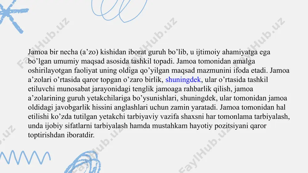 a‘zolari o‘zaro birlik, a‘zolarning munosabatlar jarayonidagi tengligi asosida unga rahbarlik qilish va birbiriga bo‘ysunishi, shuningdek, jamoa oldidagi javobgarligi asosida muayyan faoliyatni olib boradilar thank you very much! image9.png image10.svg image11.png image12.svg image13.png image14.svg image15.png image16.svg image17.png image18.svg image1.png image19.png image20.svg image21.png image22.svg image23.png image24.svg image25.png image26.svg image27.png image28.svg image2.svg image3.png image4.svg image5.png image6.svg image7.png image8.svg image29.png image30.svg image31.png image32.svg image33.png image34.svg image35.png /docprops/thumbnail.jpeg