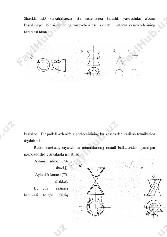 ng kaytish kirralari sirtlarning xususiy xoli dеb karash mumkin. adabiyotlar: 1. sobitov e. "chizma gеomеtriya kursi". "o’qituvchi" toshkеnt – 1993 y. 2. davletov s. "chizma gеomеtriya" oliy texnika o’quv yurtlari uchun o’quv qo’llanma. t.: ttysi, – 2006 y. 3. abdullayev u.a. "chizma geometriyadan masalalar to’plami" "o’qituvchi" toshkеnt – 1999 y. 4. abdullayev u.a. "chizma geometriya va chizmachilik asoslari" "o’qituvchi" toshkеnt – 1997 y. 5. azimov t.j., mirzaraimova v.t. “chizma geometriyadan shaxsiy uy vazifalarini bajarish yuzasidan uslubiy ko’rsatmalar”. i-qism t.: tdtu, 2003 y. 6. azimov t.j., mirzaraimova v.t., abdurahmonov sh. “chizma geometriyadan shaxsiy uy vazifalarini bajarish yuzasidan metodik ko’rsatmalar”. ii-qism t.: tdtu, 2004 y. 7. bubennikov a.v., gromov m.ya. "начертателная геометрия", "машиностроение", москва – 1973 й.