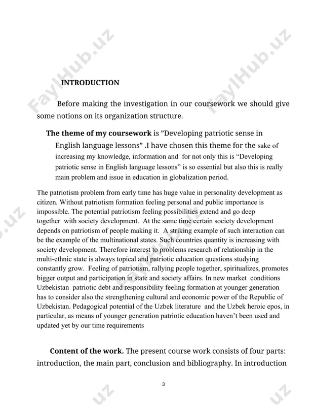 lessons and so on. in the conclusion we tried to draw some results from our course work by inferring .there we discussed issue of developing patriotic sense made within the main part of our course work. in bibliography, there are mentioned sources of which were used while compiling the present work. © 2014 the authors. published by elsevier ltd. this is an open access article under the cc by-nc-nd license (http://creativecommons.org/licenses/by-nc-nd/3.0/). selection and peer-review under responsibility of the organizing committee of wclta 2013. the tasks and aims of the coursework. the main purpose of this coursework is to investigate the developing patriotic sense in english language lessons. it focuses on not only teaching english lessons but also all of part education and educating young generation. in the globalization period developing patriotic sense is one of the main aims and really significant issues in education and training the young generation as …