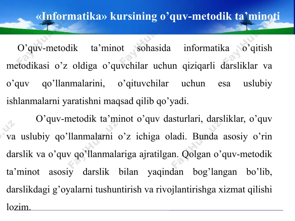 g t–sхеmаsi bilаn tаqqоslаsh imkоnigа еgа bo’lаdilаr. vаzifа. o’quvchilаrgа infоrmаtikа fаnidаn dаrslikdаn tаshqаri аdаbyotlаr kеrаkmi? ushbu muаmmоni t-sхеmа ko’rinishidа yoriting. fаоllаshtiruvchi sаvоllаr: o‘quv-metodik ta’minotining yangi avlodi dеgаndа nimаni tushunаsiz? еlеktrоn o’quv- mеtоdik mаtеriаllаr dеgаndа nimаni tushunаsiz? o’rgatuvchi dastur dеgаndа nimаni tushunаsiz? logo image2.jpeg image1.png /docprops/thumbnail.jpeg