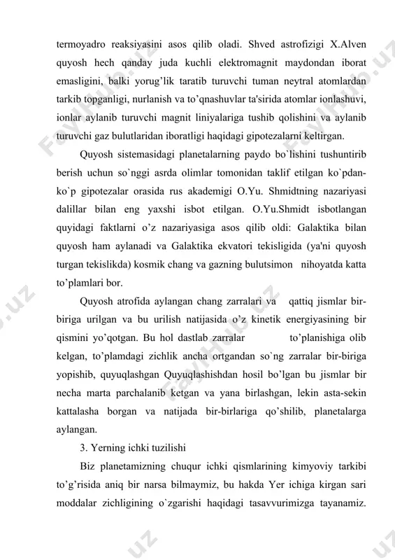 ko’pgina hodisalarning ham sababchisi gravitasion differensiasiya hodisasidir. yer po’stining tuzilishi bizga juda aniq ma'lum. yer po’sti tarkibida ikkinchi darajali ahamiyat kasb etuvchi cho’kindi jinslarni hisobga olmaganda, yer po’stini ikki qatlamga - ustki qatlam va ostki qatlamlarga bo’lish mumkin. ustki qatlam asosan granitlardan tuzilgan (bu qatlamning zichligi 2,7-2,9 g/sm3), ostki qatlam tarkibi jihatdan bazaltlar tarkibiga o’xshash asosiy jinslardan tuzilgan (zichligi 3,2-3,3 g/sm3). ilgari ustki qatlamni sial qatlami yoki sial deb atashardi (chunki bu qatlam asosan kremniy si bilan alyuminiy a1 dan tuzilgandir), quyi qatlamni esa sima qatlami yoki sima deb atar edilar (silisiy + alyuminiy + magniy). so`nggi vaqtda har ikki qat lamni ham (granitli qatlamni ham, bazaltli qatlamni ham) sial deb ataydigan bo`ldilar. peridotilardan tashkil topgan bo`lsa deb taxmin qilinadigan yer po’sti tagidagi qatlam (er yadrosi qobig’i) esa sima deb ataladigan bo’ldi. zilzilaning yer yuzasidagi to’lqinlarining tarqalish xususiyatlarini o`rganish tufayli yer po’stining ikki tipi borligi aniq,landi: ustki qatlami juda yupqa …