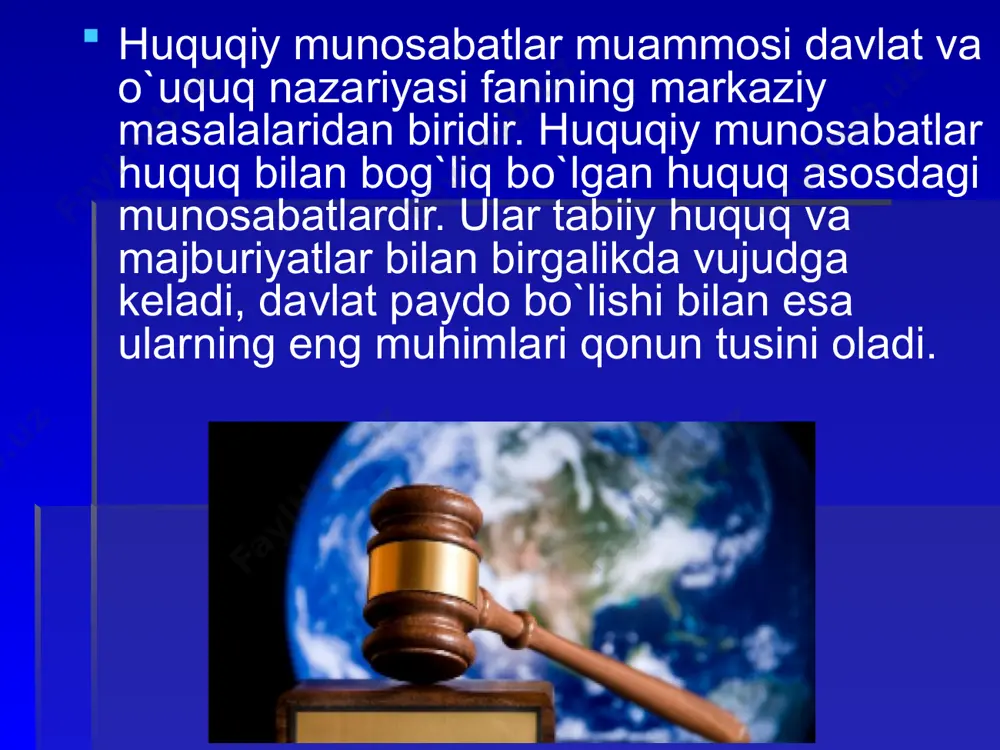 ‘z navbatida birinchisi — mulkiy munosabatlarni, ikkinchisi — davlatga qarshi qaratilgan jinoyat qilishdan kelib chiqadigan ijtimoiy munosabatlarni tartibga soluvchi huquqiy normalardir. huquq sohasi huquq sohasi – bu huquq tizimining asosiy qismi va mustaqil bo‘g‘inidir. hqar bir huquq sohasi umumiy va maxsus qismdan iborat bo‘ladi. bularda shu sohaga tegishli ijtimoiy munosabatlarni tartibga solishning umumiy va maxsus tamoyillari bayon etiladi. huquq normalari, institutlari va huquq sohalariga birlashib yagona huquq tizimini tashqil qiladi. huquq tizimi — huquqning mohiyati bilan ya’ni tabiiy huquq — tabiat tomonidan berilgan. masalan, insonning yashash huquqi, har bir shaxsning mulkdor bo‘lishlik huquqi va pozitiv huquq davlat tomonidan chiqarilgan (obyektiv va subyektiv) huquq bilan belgilanadi. huquq tizimining tuzilish tamoyillari. huquq tizimi tarixan obyektiv shakillanuvchi hodisa bo‘lgani sababli, uning normalari, huquq institutlari va huquq sohalariga ish ham obyektiv tamoyillarga asoslanadi. huquq tizimining obyektiv tamoyillari —bu jamiyatda har bir huquq sohasi bilan kishilar o‘rtasidagi ijtimoiy munosabatlarni tartibga solishdir. bu ijtimoiy munosabatlar o‘zining …