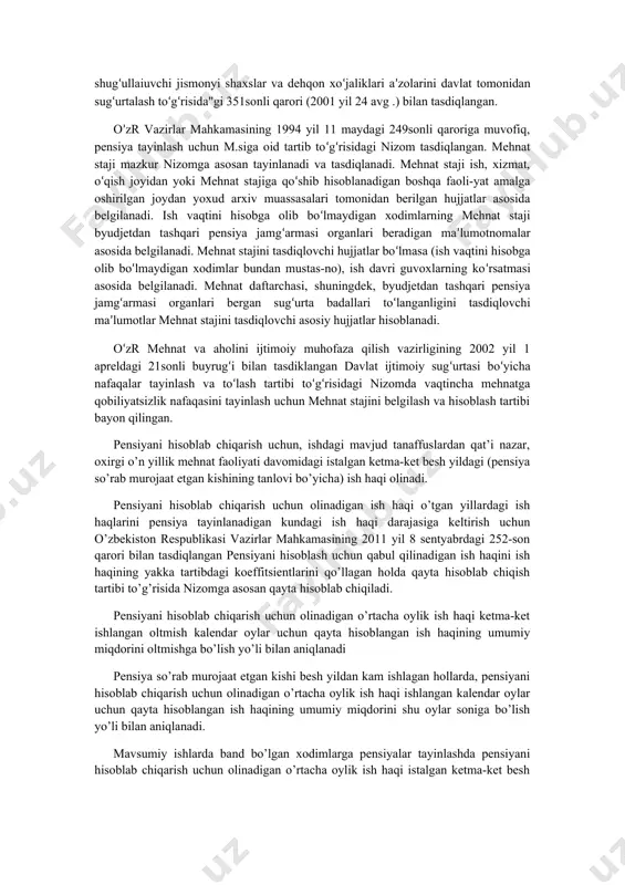 m mavjud. bunday staj umumiy mehnat stajining alohida koʻrinishidir. uzoq yillik xizmat bir qancha yillar bilan oʻlchanadigan uzoq muddatli mehnat, jamoat yoki davlat faoliyati boʻlib, muayyan sharoitda tegishli imtiyoz va afzalliklar olish huquqini beradi. mas, ayrim toifa xodimlarga muayyan ixtisoslar boʻyicha uzoq yillik xizmat uchun pensiya xodimning mehnat qobiliyati va, odatda, yoshidan qatʼi nazar tayinlanadi. umumiy mehnat stajiga taalluqli asosiy masalalar oʻzrning "fuqarolarning davlat pensiya taʼminoti toʻgʻrisida"gi qonuni (1993 yil 3 sentabr), oʻzr vazirlar mahkamasining "yuridik shaxs boʻlmasdan tadbirkorlik faoliyati bilan shugʻullaiuvchi jismonyi shaxslar va dehqon xoʻjaliklari aʼzolarini davlat tomonidan sugʻurtalash toʻgʻrisida"gi 351sonli qarori (2001 yil 24 avg .) bilan tasdiqlangan. o’zr vazirlar mahkamasining 1994 yil 11 maydagi 249sonli qaroriga muvofiq, pensiya tayinlash uchun m.siga oid tartib toʻgʻrisidagi nizom tasdiqlangan. mehnat staji mazkur nizomga asosan tayinlanadi va tasdiqlanadi. mehnat staji ish, xizmat, oʻqish joyidan yoki mehnat stajiga qoʻshib hisoblanadigan boshqa faoli-yat amalga oshirilgan joydan yoxud arxiv muassasalari tomonidan berilgan hujjatlar …