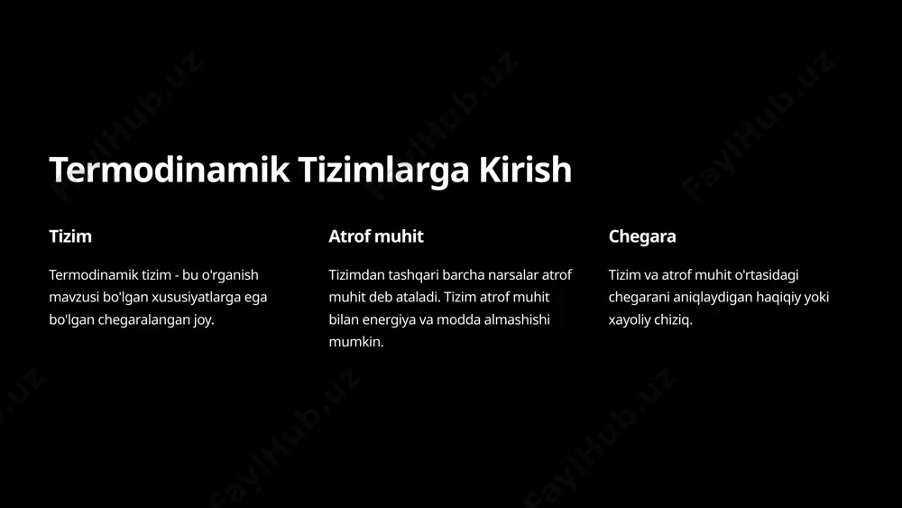 holatni tavsiflovchi o'zgaruvchilar. 3 holat tenglamasi parametrlar o'rtasidagi bog'liqlik. 16 termik jarayonlar 1 izotermik harorat doimiy bo'lgan jarayon. 2 adiabatik issiqlik almashinuvi bo'lmagan jarayon. 3 izobarik bosim doimiy bo'lgan jarayon. 4 izochorik hajm doimiy bo'lgan jarayon. 17 energiya saqlanish qonuni 1 qonun tizimning umumiy energiyasi doimiy bo'lib qoladi. 2 qonun energiya yo'qolmaydi, faqat shaklini o'zgartiradi. 3 amaliy ahamiyati energiya tejash va foydalanish samaradorligini oshirish. 18 entalpiya va uning ahamiyati entalpiya tizimning umumiy energiyasi. kimyoviy reaksiyalar entalpiya o'zgarishi reaksiya issiqligini ko'rsatadi. termik jarayonlar entalpiya energiya almashinuvini hisoblashda ishlatiladi. 19 qonunning amaliy qo'llanilishi 1 energetika energiya ishlab chiqarish. 2 muhandislik moshinaviy tizimlarni loyihalash. 3 kimyo kimyoviy jarayonlarni o'rganish. 20 termodinamikaning ikkinchi qonuni ushbu prezentatsiya termodinamikaning ikkinchi qonuniga bag'ishlangan bo'lib, uning asosiy tamoyillari va amaliy qo'llanilishini tushuntirib beradi. 21 ikkinchi qonunning mazmuni energiya o'zgarishi ushbu qonun energiyaning o'zgarishini tavsiflaydi, ya'ni tizimda energiya faqat tartibsiz holatga o'tish yo'li bilan o'zgaradi. entropiyaning ortishi entropiya - …