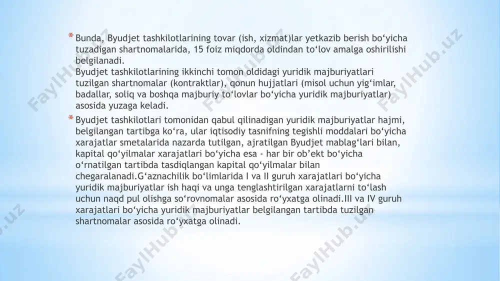 cha hisoblangan summa, kredit tomonida ushbu mablag‘larni kelib tushishi aks ettiriladi. iv guruh "boshqa xarajatlar" bo‘yicha mablag‘larning sarflanishi o‘rnatilgan limitlar doirasida quyidagi navbatga rioya qilgan holda amalga oshiriladi: - ovqatlantirish; - dori-darmonlar; - kommunal xizmatlar; - boshqa xarajatlar. byudjet hisobvaraqlardan yuqorida keltirib o‘tilgan 4 xarajat guruxi to‘lab beriladi. g‘aznachilik bo‘linmalari g‘azna hisobvaraqlaridan to‘lov topshiriqnomalar asosida tashkilot va muassasalarni saqlash, markazlashtirilgan tadbirlarni o‘tkazish, kapital qo‘yilmalar va boshqa maqsadlar uchun to‘lovlarning tasdiqlangan xarajatlar smetasi va kapital qo‘yilmalar limitlari doirasida amalga oshiradi. buning uchun yuridik va moliyaviy majburiyatlar belgilangan tartibda ro‘yhatga olinadi va to‘lab beriladi. byudjet mablag‘lari hisobiga i va ii guruh xarajatlari bo‘yicha moliyaviy majburiyatlar ish haqi va unga tenglashtirilgan xarajatlar to‘lovi uchun naqd pul mablag‘larini olishga so‘rovnoma, shuningdek ushbu guruhlar xarajatlari bo‘yicha to‘lov topshiriqnomalari asosida ro‘yxatga olinadi. boshqa debitor va kreditorlar bilan hisob-kitoblar shtatda turmagan tarkibga shartnoma bo‘yicha bajargan ishlari va chiqimlari uchun, televizor va radio-eshittirishlarda bir marta chiqish uchun qilingan …