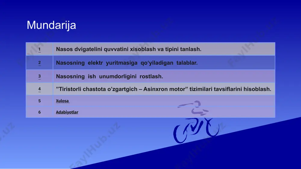 radi. tezligi rostlanmaydigan nasos qurilmalari qisqa tutashtirilgan rotorli asinxron dvigatellar qo‘llaniladi, ular 380 v kuchlanishli tarmoqdan ta’minlanadilar. quvvati 100 kvt dan katta bo‘lgan nasoslar elektr yuritmasi sifatida 6 va 10 kv kuchlanishli tarmoqdan ta’minlanadigan asinxron yoki sinxron dvigatellar qo‘llaniladi, ular to‘g‘ridan-to‘g‘ri to‘la kuchlanish bilan ishga tushiriladi. parrakli nasoslar ko‘p hollarda yuqori tezlikka ega bo‘ladi, ularni to‘g‘ridan-to‘g‘ri dvigatelga ulash mumkin. nasoslarni yopiq zadvijka bilan yoki ochiq zadvijka bilan ishga tushiriladi. yopiq zadvijka bilan ishga tushirilganda dvigatelni ishga tushrish momenti uning nominal momentini 0,2-0,3 ulushini tashkil etishi kerak. agar bunda truboprovod yopiq bo‘lsa ham xavfli bo‘sim hosil bo‘lmaydi, chunki bunda quvvat dvigatelni nominal quvvatini 40%ni tashkil etadi holos. nasosning ish unumdorligini rostlash. nasosning ish unumdorligini oshirishga qaratilgan tadbirlar ular iste’mol qilayotgan elektr energiyani tejashda katta axamiyatga ega. nasoslarning ish unumdorligini to‘rt hil usul bilan rostlash mumkin: truboprovodlarni qarshiligini o‘zgartirish yani magistralga zadvijkalarni kiritish; dvigatelni burchak tezligini o‘zgartirish; magistralga ishlayotgan agregatlarni sonini o‘zgartirish; …