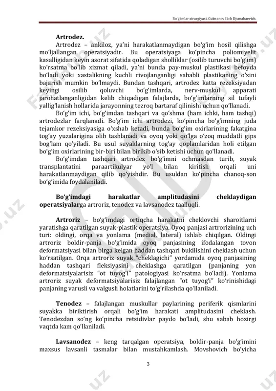 i. bunday operatsiya bo‘g‘imning qisman rezeksiyasi deb yuritiladi. bo‘g‘imni rezeksiya qilish diapozoni turlicha: epifizlarning tog‘ay qismlarini olib tashlash (tejamkor rezeksiya), ikkala suyakning epimetafizlarini kesib olib tashlash yoki butun bo‘g‘imni kapsulasi bilan birga olib tashlash (kapsuladan tashqari rezeksiya). bolalarda bo‘g‘im rezeksiyasi juda kam qo‘llanadi, chunki bunda suyakning usuvchi zonasi parchalanib ketishi va oyoq yoki qo‘l kalta bo‘lib qolishi mumkin. operatsiya o‘tkazish zarur bo‘lib qolganda, epifizar o‘sish tog‘ayini jarohatlantirmaslik uchun uni mumkin qadar tejab kesish kerak. ko‘p vaziyatlarda bo‘g‘im rezeksiyasining maqsadi – bo‘g‘imda harakatsizlik (ankiloz)ni ta’minlashdir. rezeksiyaga eng ko‘p sababchi bo‘ladigan kasalliklardan biri – bo‘g‘im silidir, undan tashqari, suyak bo‘g‘im oxirlarining o‘q tegib jarohatlanishi va epifizlarning zararlanishiga olib keladigan yiringli artritdir. bo‘g‘imlar rezeksiyasi, odatda, umumiy narkoz, ba’zida esa orqa miya va infiltratsion anesteziyalar ostida bajariladi. bo‘g‘im rezeksiyasi artromiyadan boshlanadi, bunda suyaklarning bo‘g‘im yuzalari va bo‘g‘im xaltasining cho‘ntaklariga oson kirib borish uchun keng operativ ochib kirish usullari qo‘llaniladi. bo‘g‘im bo‘shlig‘i ko‘zdan kechirilgandan so‘ng …