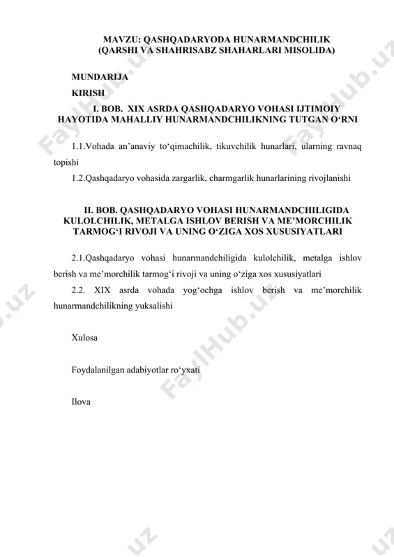 di. agar tarixiy jarayon va hodisalarga chuqur nazar tashlansa bashariyat taraqqiyoti, xalqimizning uzoq yillik, qadim madaniyat о‘chog‘idan tashkil topganligidan dalolat beradi. ana shunday qadimiy о‘choqlaridan biri qashqadaryo vohasi hisoblanadi. darhaqiqat, о‘zbekiston xalqi milliy istiqlolni qо‘lga kiritib, birinchi navbatda milliy rivojiga keng yо‘l ochib, uni xalqning о‘zligini anglash, jamiyatning baxt-sadoatiga xizmat qiluvchi jabhaga aylantirish imkoniyatiga ega bо‘ldi. qashqadaryo vohasi hunarmandchilik tarixi ham alohida о‘rin egallaydi. voha aholisi qadim-qadimdan hunarmandchilikning barcha turlari bilan shug‘ullanib, butun sharq olamiga mashhur bо‘lgan. ayniqsa, vohaning yirik markaziy shaharlaridan biri bо‘lgan qarshi shahrida bir qator hunarmandchilik ustaxonalaridan tashkil topgan guzarlar mavjud bо‘lgan. shahrisabz, kitob vohalarida ham kosibchilik, tikuvchilik, tо‘qimachilik kabi hunarmandchilik tarmoqlari rivoj topgan. mavzuning о‘rganganlik darajasi: о‘zbekistoning janubiy о‘lkalaridan bо‘lgan qashqa vohasining tarixini ijtimoiy fan olimlari e’tiborini о‘ziga jalb qilib kelgan. bu muammo bo‘yicha yozilgan, chop etilgan ilmiy-tadqiqot ishlarini, adabiyotlarni ikki guruhga bо‘lish mumkin. birinchi guruhga о‘zbekistonning mutaqillik davrigacha yaratilgan asarlar, ikkinchi guruhga esa milliy istiqlorl …