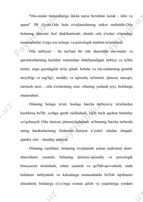 ar. “befarqlik bilan tarbiya” – bola o‘z holiga qo‘yiladi va hech kim tomonidan boshqarilmaydi, hech kim unga yaxshi va yomonni tushunishga o‘rgatmaydi. qoida tariqasida, bunday bolalar jiddiy xatti-harakatlarning buzilishi bilan o'sadi.“oila “buti”dek tarbiya” - bola ota-ona va qarindoshlarning barcha ishlari va tashvishlaridan ustun qo'yiladi, bolaning barcha talab va injiqliklari bir zumda amalga oshiriladi. bolalar o'jar, qaysar, taqiqlarni bilmaydigan, hayotga iste'molchi munosabatda, mas'uliyatsiz bo'lib o'sadilar."sovg'alar bilan ta'lim" - ota-onalar o'z farzandlariga g'amxo'rlik qilmaydilar, ulardan qimmatbaho o'yinchoqlar va narsalar bilan o'zlarini ozod qiladilar. ota-onalar farzandlari tarbiyasini qarindoshlariga, tarbiyachilarga topshiradilar. bunday tarbiya bolaning aqliy rivojlanishida namoyon bo'ladi, u o'zini baxtli va ota-onasiga muhtoj his qilmaydi.gipo-saqlovchi tarbiya asotsial oilalarda yoki kasal bola nuqsoni tufayli hech qanday qadr-qimmatga ega bo'lmagan oilalarda sodir bo'ladi. bu, shuningdek, ota-onaning munosabatiga bog'liq bo'lishi mumkin, qachonki kattalar bolaga boshqacha munosabatda bo'lishga harakat qilmaydi. rad etish bolada tashlab ketish, ishonchsizlik, o'ziga ishonchsizlik hissini shakllantiradi; bola qo'llab-quvvatlanayotganini his qilmaydi. ota-ona mehrining etishmasligi …
