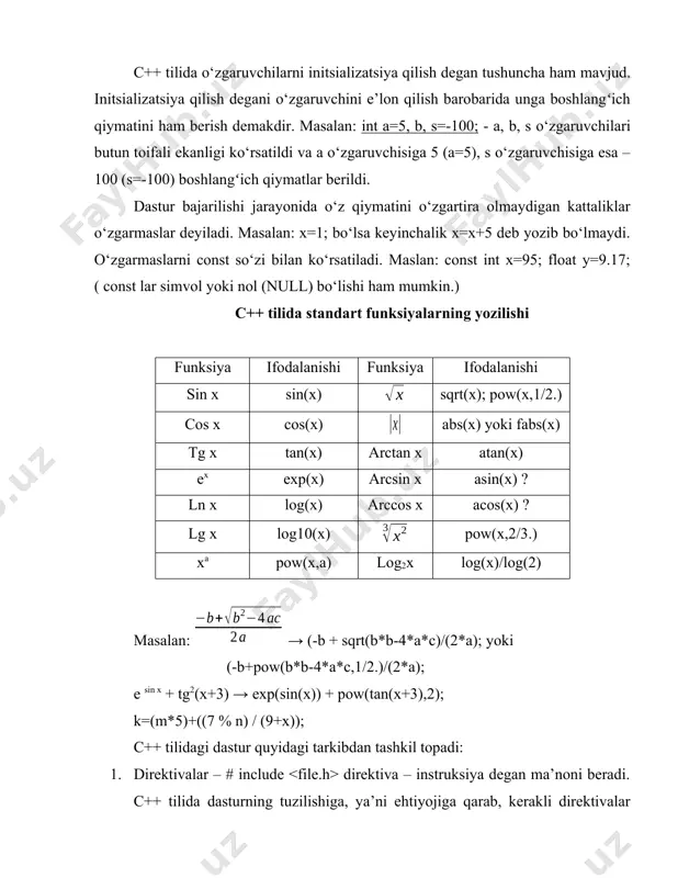 jami 32 ta): · #include - s da oddiy kiritish/chiqarish dasturi uchun. bu yerda std - standart, i – input, o - output degani. · #include - c++ da kiritish/chiqarish uchun, oddiy amallar bajarilsa. · #include - standart funksiyalarni ishlatish uchun. · #include - dasturning tashqi ko‘rinishini shakllantirish uchun. · #include - satr toifasidagi o‘zgaruvchilar ustida amallar bajarish uchun. · #include - standart kutubxona fayllarini chaqirish uchun. · #include - kompyuter ichidagi soat qiymatlaridan foydalanish uchun. · #include - c++ tilining grafik imkoniyatlaridan foydalanish uchun. bu fayllar maxsus kutubxonaning e’lon fayllari hisoblanadilar va ular alohida include deb nomlanadigan papkada saqlanadi. hozirda c++ kutubxonasini yangilandi va undagi fayllarning nomlaridan .h (head – bosh ma’nosida) kengaytmasi olib tashlandi va oldiga c harfi qo‘shildi (c dan qolgan 18 tasiga). bu fayllarda funksiya prototoifalari, toifalari, o‘zgaruvchilar, o‘zgarmaslar tariflari yozilgan bo‘ladi. direktivalar dasturni uni kompilyatsiya qilinishidan oldin tekshirib chiqadi. 2. makroslar - # define makro …