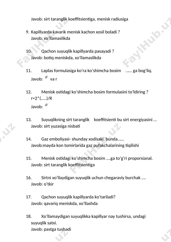 shga asoslangan fizioterepevtik uslublar, to’lqin uzunligiga bog’liq holda necha xil bo’ladi. javob: 2 2. aeroinoterapiya nima ? javob: havo ionlari bilan davolash usuli 3. aeroionoterapiya qanday qurilmalardan foydalaniladi ? javob: aeroionizatorlar 4. agar zaryad tashuvchilar ikki metal kontaktidan o’tib, kichik energiyali (chiqish ishi nisbatan katta ) metallga tushsa, ortiqcha energiyani kristall panjarag beradi, natijada kontakt qiziydi. ushbu hodisani tajribada isbotlagan olim ? javob: pel’t’e //////// 5. bir-biridan biror masofada joylashgan ikkita teng, lekin qarama-qarshi ishorali nuqtaviy elektr zaryadlaridan iborat sistemaga nima deyiladi ? javob: elektr dipoli 6. doimiy tokni milli\mpermetr ko’rsatishiga qarab dozalanadi, bunda albatta chegaraviy ruxsat etilgan tok zichligi nimaga (0.1 ma/sm2) teng ? javob: 0.1 7. elektr toki odam tanasiga qanday ta’sir etadi ? javob: termik (issiqlik), elektro litik va biologik 8. elektrmagnit hodisalarining tibbiy biologic qo’llanilishini nechta yo’nalishi mavjud ? javob: 3 9. elektr toki bilan jarohatlanishlar umuman olganda necha foiz ni tashkil etadi ? javob: 0.5-1.0 …