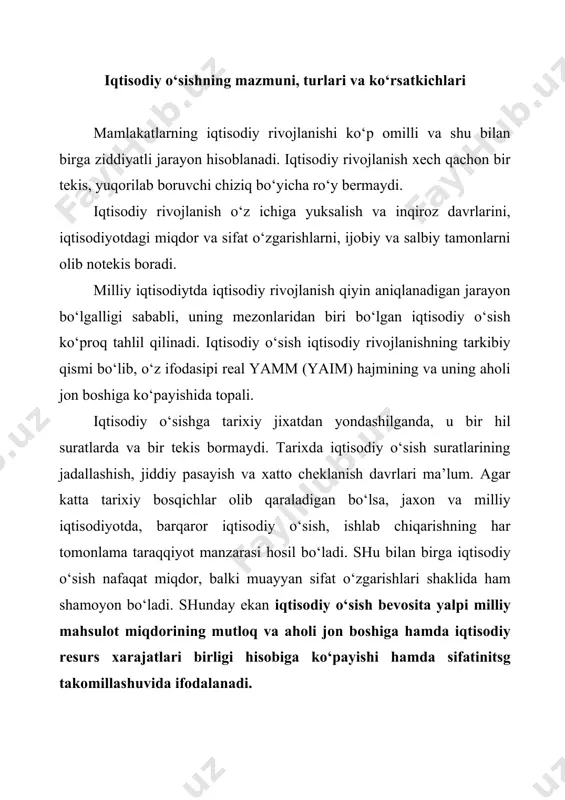 g ko‘payishi tufayli erishiladi. aytaylik, maxsulot ishlab chiqarishni ikki xissa ko‘paytirish uchun mavjud korxona bilan bir qatorda o‘rnatilgan uskunalarnshgg quvvati, miqdori va sifati bo‘yicha, ishchi kuchining soni va malaka tarkibi bo‘yicha xuddi o‘shanday yana bir korxona quriladi. ekstensiv rivojlaniщda, agar u sof xolda amalga oshirilsa, ishlab chiqarish samaradorligi o‘zgarmay qoladi. iqtisodiy o‘sishning intensiv turi sharoitida maxsulot chiqarish miqyoslarini kengaytirishga ishlab chiqarish omillarini sifat jixatidan takomillashtirish: yanada progressivroq ish​lab chiqarish vositalarini va yangi texnikani qo‘llash, ishchi kuchi malakasini oshirishi, shuningdek mavjud ishlab chiqarish potensialidan yaxshiroq foydalanish yo‘li bilan erishiladi. intensiv yo‘l ishlab chiqarishga jalb etilgan resurslarning xar bir birligidan olinadigan samaraning, pirovard maxsulot miqdorining o‘sishida, maxsulot sifatining oshishida o‘z ifodasini topadi. bunda maxsulot ishlab chiqarishni ikki xissa oshirish uchun mav​jud korxonaga teng bo‘lgan yana bir korxona qurishga xojat yo‘q. bu natijaga ishlab turgan korxonapi rekonstruksiya qilish va tex​nika bilan qayta qurollantirish, mavjud resurslardan yaxishroq foydalanish hisobiga erishish mumkin. real xdyotda ekstensiv …