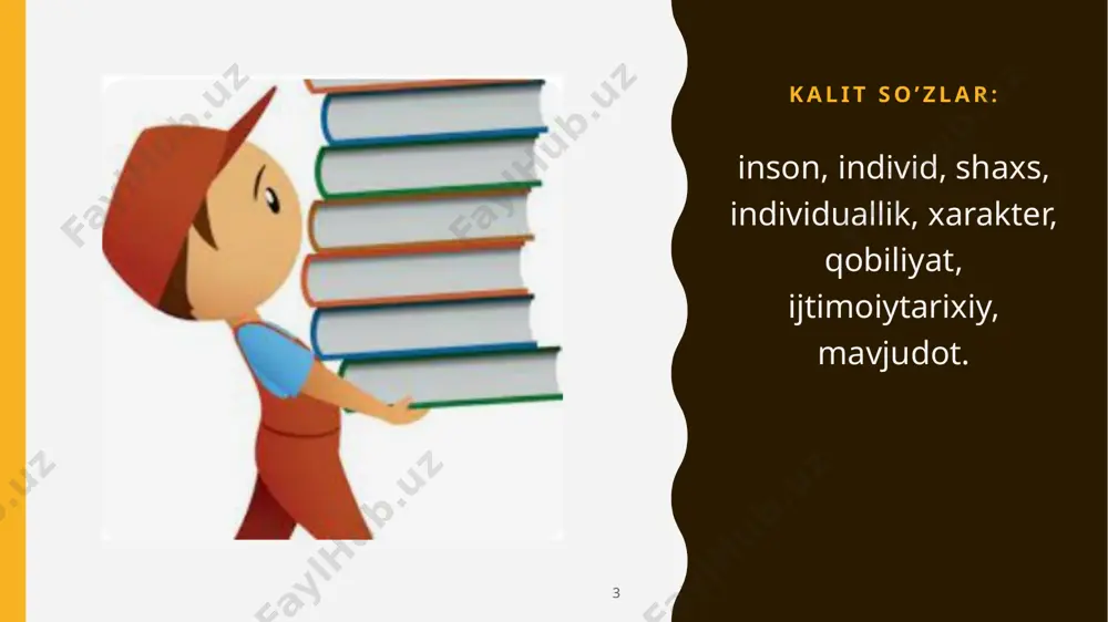 ividuallik romantizm dunyoqarashi uchun ham xos xususiyatdir. 11 insondagi individuallik uning hayoti, faoliyatining barcha sohalarida namoyon bo’ladigan o’ziga xos sifatlari hisoblanadi. individuallik alohida holda olinganda insonning aniq xatti-harakati, malakasi, layoqati, odat va ko’nikmalarini ifoda etadi. unda insonning ichki va tashqi betakror xususiyatlari shakllanganligi uchun boshqalardan farqlanadi. uning tarkibiga xarakter, temperament, iroda, iqtidor, qobiliyat va shu kabilar kirib, ular takrorlanmasdir. ya’ni bir odamga xos bo’lgan iqtidor, qobiliyat, emotsiya, mimika, xarakterlar boshqa bir odamda aynan uchramaydi. shu sababdan ham ular individualdir. insonning tug’ilishidan tortib uning so’nggi nafasi qolgunicha bo’lgan davrda bosib o’tgan umr yo’lida pog’onama pog’ona o’zligini topadi. shunday ekan, hayotimizda bo’ladigan har bir hodisa, uchraydigan har bir odam biz uchun tajriba bo’lib, individdan individuallikkacha o’zgartirib, yuksaltiradi. 12 13 etiboringiz uchun rahmat! image1.png image2.png image3.png image4.png image5.png image6.png image7.png image8.png image9.png image10.png image11.png /docprops/thumbnail.jpeg