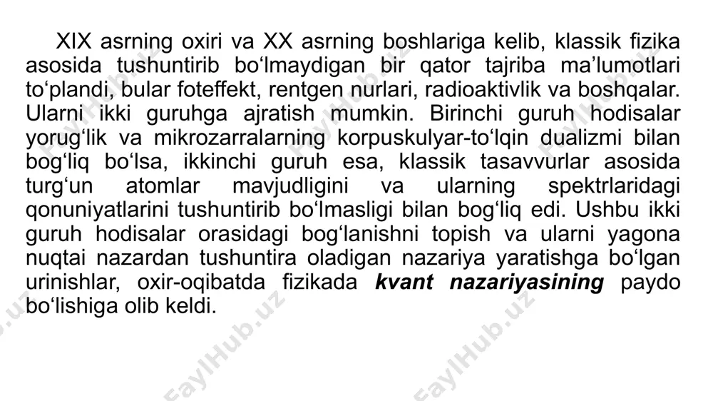 mat qiladi. 1-masala to‘lqin uzunligi 3∙m ga to‘g‘ri keluvchi yorug‘lik nuri kvantining energiyasini aniqlang. formula: yechish: javob: j berilgan: topish kerak: 2-masala energiyasi e ga teng boʻlgan fotonning toʻlqin uzunligi nimaga teng? yorugʻlik tezigi c ga teng. formula: javob: berilgan: e; h; c; topish kerak: mustaqil bajarish uchun topshiriqlar mavzuni o‘qish va 136-sahifadagi savollarga javob yozish. image1.png image2.png media1.mp4 image3.png media2.mp4 image4.png image5.png image6.png image7.png media3.mp4 image8.png image80.png image9.png image10.png image11.png image12.png image13.png image14.png /docprops/thumbnail.jpeg