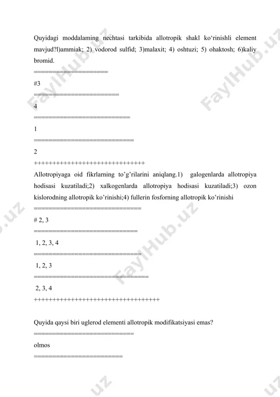 =========== # 0,196 ================================ 1,96 ================================= 55,44 ++++++++++++++++++++++++++++++++++++++ ikkita murakkab, bitta oddiy modda berilgan javobni belgilang. ============================== fe, сu, s6 =============================== #co2, ch4, p4 =============================================== kh, o2, o3 ================================== p4, co, o3 +++++++++++++++++++++++++++++++++++++++++++++++++++++++ brom atomining maksimal qo’zg’algan holati-da uning tashqi elektron qobig’idagi d-elektronlar sonini hisoblang. ====================== 10 ==================== 1 ======================= 2 =================== # 3 +++++++++++++++++++++++ elektron konfiguratsiyasi …5s24d2 bilan tugagan elementning yadro zaryadi qiymatini toping. ============================ # 40 ============================== 24 ============================== 22 ================================ 42 ++++++++++++++++++++++++++++++++ iv davr elementlaridan qaysilarining d-pog’onachasida toq elektronlar soni ko’proq? ============================== xrom ==================================== # xrom va marganes ================================== mis ================================= marganes va temir ++++++++++++++++++++++++++++++++++++ ni+3 ioni nechta 3d-elektronga ega? ============================= 8 ============================== 6 ============================= 5 =============================== # 7 +++++++++++++++++++++++++++++++++++ qaysi element atomi 3d-pog’onachada maksimal miqdorda bo’sh katakchalarga ega? ================================= # kalsiy =================== ==================== titan ================== =================== xrom =============================== vanadiy +++++++++++++++++++++++++++++++ orbital kvant 3 ga teng bo’lgan elektron qobiq-chadagi elektronlaning maksimal sonini ko’rsating. ============================== 18 ================================== 8 …