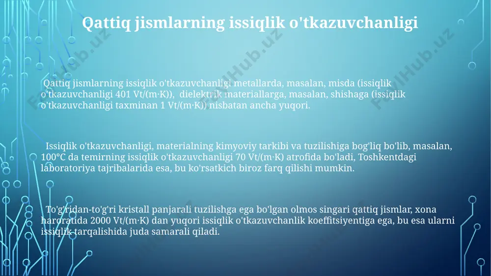 nergiya tejashga 15% hissa qoʻshadi. samarqanddagi paxta terim zavodlarida issiqlik oʻtkazuvchanligi yuqori boʻlgan metallarni ishlatish texnologik jarayonlarni 30% ga tezlashtiradi. suyuqliklarning issiqlik o'tkazuvchanligi neytronlar oqimining zichligi 10^14 sm⁻²s⁻¹ bo'lgan yadro reaktorlarida sovutish suyuqligi sifatida ishlatiladigan suyuq metallarning (masalan, natriy) issiqlik o'tkazuvchanligi 80 vt/(m·k) ga yaqin bo'lib, juda yuqori. suyuqliklarning issiqlik o'tkazuvchanligi temperaturaga bog'liq bo'lib, masalan, 20°c da etil spirti uchun 0.16 vt/(m·k), lekin 80°c da bu ko'rsatkich biroz o'zgaradi. suyuqliklarning issiqlik o'tkazuvchanligi, masalan, suvning 0.6 vt/(m·k) ga teng bo'lib, xona haroratida metallarga qaraganda ancha past, bu esa ularning issiqlikni yomon o'tkazishini ko'rsatadi. issiqlik o'tkazuvchanlik koeffitsienti 10 mm qalinlikdagi oyna taxtachaning issiqlik o'tkazuvchanlik koeffitsienti 5,8 vt/(m·k) ga teng bo'lib, toshkentdagi energetika institutining tadqiqotlariga ko'ra, bino izolatsiyasi uchun mos emas. issiqlik o'tkazuvchanlik koeffitsienti haroratga bog'liq bo'lib, 0°c da o'lchangan misning koeffitsienti 390 vt/(m·k) ga, 100°c da esa biroz yuqori, taxminan 400 vt/(m·k) ga teng ekanligi andijon shahridagi tajribalarda aniqlangan. issiqlik o'tkazuvchanlik koeffitsienti …