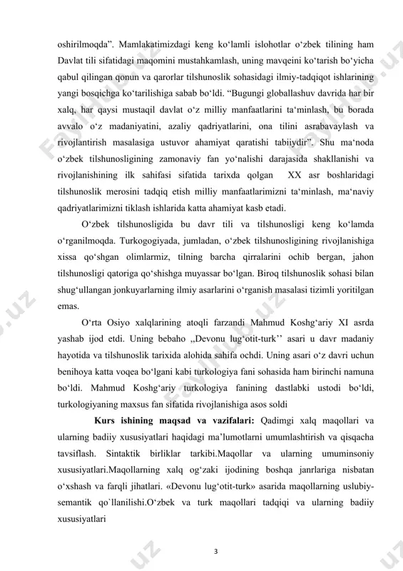 rning fonetik-leksik xususiyatlari kurs ishning tadqiqot uslubi va uslubiyoti: ilmiy ommabop manbalardan to‘plangan ma’lumotlar tahlil qilib,xulosa va takliflar qilish. kurs ishi tuzilishi: bajarilgan kurs ishi kirish qismi, asosiy qism va qilingan xulosalardan iborat. ishda o‘rganilishi e’tiborga olingan ma’lumotlar tushunarli ravishda ifodalash uchun chizma jadvallar va rasmlar berildi.ishga qo‘yilgan maqsadga erishishi uchun to‘plangan adabiyotlar manbalarning nomlari va elektron manzillari keltirildi. asosiy qism 1. maqollar va ularning umuminsoniy xususiyatlari.maqollarning xalq og‘zaki ijodining boshqa janrlariga nisbatan o‘xshash va farqli jihatlari. millatni o‘zligini ko‘rsatuvchi milliy qadriyatlarni, xalqning madaniyatini ifodalovchi omillardan biri bu xalq og‘zaki ijodidir. xalq o‘g‘zaki ijodining eng muhim janrlaridan biri bo‘lmish maqollar tilshunoslik va folklorshunoslikda o‘rganilayotgan eng muhim mavzulardan biridir. folklorning eng muhim janrlaridan biri bo‘lgan maqollarni, umuman, xalq ijodiyotini o‘rganish, tadqiq qilish, bugungi kunda juda muhim ahamiyat kasb etmoqda. ilmiy ishimizning ushbu bobida o‘zbek va ingliz maqollarining umuminsoniy xususiyatlari va ularning xalq og‘zaki ijodining boshqa janrlariga nisbatan o‘xshash va farqli jihatlarini …