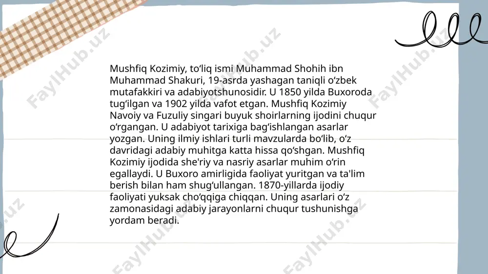 lashga va his qilishga undaydi. kosimiyning ishida urf-odatlar, tarix va zamonaviylik elementlari muvozanatli o'rin olgan. uning yozuv uslubi o'z avlodining o'ziga xos ovozini namoyon qiladi va adabiy maydonda o'ziga xos iz qoldirgan. ... t.me/slaydai_bot asardagi ijtimoiy masalalar turli ijtimoiy, iqtisodiy va madaniy muammolarni o'z ichiga oladi. bugungi kunda o'zbekistonda ishsizlik darajasi 8.9% atrofida bo'lib, bu aholining qashshoqlikka tushish xavfini oshiradi. ta'lim tizimida islohotlarga qaramasdan, oliy ta'limga kira olish darajasi atigi 30%ni tashkil etadi. aholining 20%ga yaqini yaroqsiz ichimlik suvi muammosidan aziyat chekmoqda. uy-joy masalalarida 1,5 milliondan ortiq odam uy-joy sharoitlarini yaxshilashga muhtoj. migratsiya oqimlari natijasida har yili qariyb 500,000 kishi chet elga ish izlab chiqib ketmoqda. ushbu masalalar yechimini topish uchun davlat va mahalliy boshqaruv organlari hamkorlikda ishlamoqda. ... t.me/slaydai_bot 10. qòrqinchli tehroning mavzulari "qòrqinchli tehroning mavzulari" filmida tehron shahridagi muhim va tarixiy voqealar tasvirlanadi. film 2013 yilda suratga olingan va rejissyor ahmad sadr tomonidan boshqarilgan. ushbu film tehrondagi mistik …