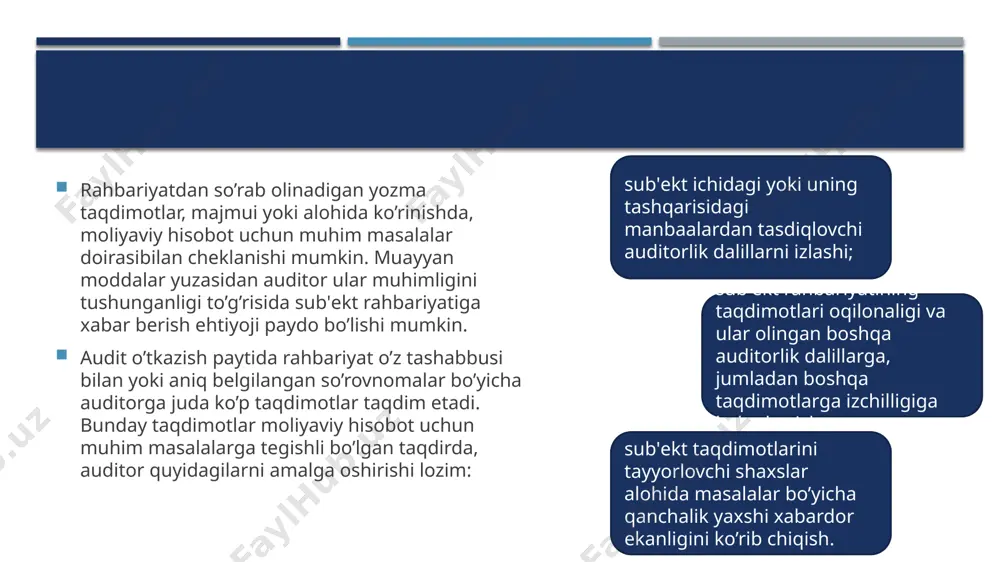 ng maqsadlariga mos kelishini tasdiqlovchi etarli darajada tegishli auditorlik dalillarini olish uchun protseduralarni amalga oshiradi. buxgalteriya hisobi, audit va moliyaviy hisobotlarni tuzishga qo'yiladigan talablar to'g'risida, ushbu talablarga muvofiqligini tasdiqlovchi yozma arizani olgan holda. bosh auditor quyidagilarni amalga oshirishi mumkin: boshqa auditor bilan amaldagi audit protseduralarini muhokama qilish; boshqa auditor tomonidan bajarilgan protseduralarning yozma xulosasini o'qish yoki uning ish hujjatlarini ko'rib chiqish; e’tiboringiz uchun raxmat! image1.jpeg image2.jpg image3.jpg image4.jpg image5.png