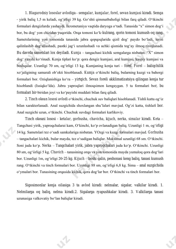rda uchraydigan semga (salmo salar) ni ko‘rsatish mumkin. semgalar tuxum qo‘yish uchun shimoliy evropadagi daryolarga kiradi. nerest migratsiyasi yozda va kuzda bo‘ladi. tuxum qo‘ygandan keyin barcha individlari nobud bo‘lmasligi bilan uzoq sharq lososidan farq qiladi. ba’zi individlari to‘rt martagacha tuxum qo‘yadi. semgalar uvildirig‘ini uzoq sharq lasosi singari tuproqqa ko‘mib qo‘yadi. shimoliy, qora va kaspiy dengizlarida semgaga yaqin bo‘lgan kumja (salmo trutta) uchraydi. bu baliq esa daryolarda urchiydi, o‘sish uchun dengizga chiqadi. ba’zi individlari daryoda voyaga etadi. daryolarda kumjaga yaqin irq – forel (salmo trutta fario) paydo bo‘lgan. ular daryolardan boshqa tog‘ ko‘llariga ham kiradi. lososlar orasida haqiqiy o‘troq, chuchuk suvlarda yashovchi turlari ham uchraydi. bulardan siglar, omular va taymenlarni ko‘rsatish mumkin. lososlar juda katta sanoat ahamiyatiga ega. faqat go‘shti emas, balki uvildirig‘i (ikrasi) ham iste’mol qilinadi. bu baliqlar sekin urchishi va qimmatbaholigi tuqayli bularni sun’iy urchitish chora-tabirlari ko‘rilgan. losossimonlar seldsimonlardan kelib chiqqan. losossimonlar turkumining xarakterli belgilari: - tanasining orqa tomonida …