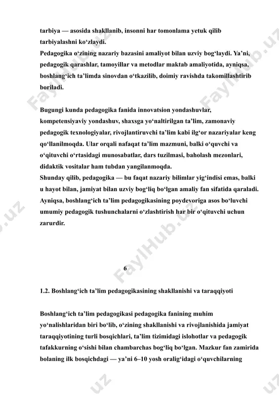 m pedagogikasi fan sifatida mustaqil yo‘nalishga aylandi. dunyoda maktab tizimining umumiylashuvi, maktab yoshining aniqlanishi, darsliklar va metodikalar ishlab chiqilishi, o‘qituvchilarning maxsus tayyorlanishi, dars jarayonining ilmiy yondashuv asosida qurilishi bu fan taraqqiyotini jadallashtirdi. ayniqsa, bolalar psixologiyasi va pedagogik psixologiyaning rivojlanishi boshlang‘ich ta’limga ijobiy ta’sir ko‘rsatdi. o‘zbekiston mustaqillikka erishgach, ta’lim sohasida amalga oshirilgan islohotlar natijasida boshlang‘ich ta’lim pedagogikasi fan sifatida yanada rivojlandi. “ta’lim to‘g‘risida”gi qonun (1997), “kadrlar tayyorlash milliy dasturi”, prezident qarorlari, davlat ta’lim standartlari, yangi o‘quv dasturlari va darsliklarning yaratilishi bu fanning rivojlanishiga turtki berdi. boshlang‘ich ta’limda milliy qadriyatlarni singdirish, bolalarda ona tiliga muhabbat, vatanparvarlik, ekologik tarbiya, axloqiy ong va madaniyatni shakllantirish ustuvor vazifalardan bo‘ldi. hozirgi kunga kelib boshlang‘ich ta’lim pedagogikasi o‘z rivojlanishining yangi bosqichida turibdi. unda zamonaviy texnologiyalar, axborot-kommunikatsiya vositalari, o‘yinli va interfaol metodlar, differensial yondashuvlar, kompetensiyaviy ta’lim kabi innovatsion yo‘nalishlar keng qo‘llanilmoqda. fan o‘zining amaliy yo‘nalishini mustahkamlab, maktab amaliyotiga yaqinlashmoqda. shunday qilib, boshlang‘ich ta’lim pedagogikasining shakllanishi ko‘p asrlik tarixiy …