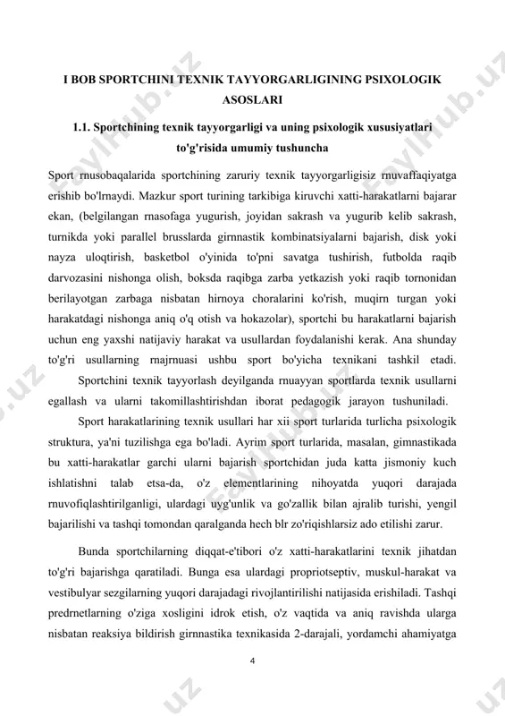 rtchini texnik tayyorlash deyilganda rnuayyan sportlarda texnik usullarni egallash va ularni takomillashtirishdan iborat pedagogik jarayon tushuniladi. sport harakatlarining texnik usullari har xii sport turlarida turlicha psixologik struktura, ya'ni tuzilishga ega bo'ladi. ayrim sport turlarida, masalan, gimnastikada bu xatti-harakatlar garchi ularni bajarish sportchidan juda katta jismoniy kuch ishlatishni talab etsa-da, o'z elementlarining nihoyatda yuqori darajada rnuvofiqlashtirilganligi, ulardagi uyg'unlik va go'zallik bilan ajralib turishi, yengil bajarilishi va tashqi tomondan qaralganda hech blr zo'riqishlarsiz ado etilishi zarur. bunda sportchilarning diqqat-e'tibori o'z xatti-harakatlarini texnik jihatdan to'g'ri bajarishga qaratiladi. bunga esa ulardagi propriotseptiv, muskul-harakat va vestibulyar sezgilarning yuqori darajadagi rivojlantirilishi natijasida erishiladi. tashqi predrnetlarning o'ziga xosligini idrok etish, o'z vaqtida va aniq ravishda ularga nisbatan reaksiya bildirish girnnastika texnikasida 2-darajali, yordamchi ahamiyatga ega (tayanib sakrashda parallel brusslardan sakrab tushishda gimnastika uskunasini (snaryadini) idrok etish). yakka kurashlar va sport o'yinlari kabi sport turlaridagi sport harakatlari texnikasining psixologik tuzilishi mutlaqo boshqacha ko'rinishga ega. bu yerda texnikaning eng …