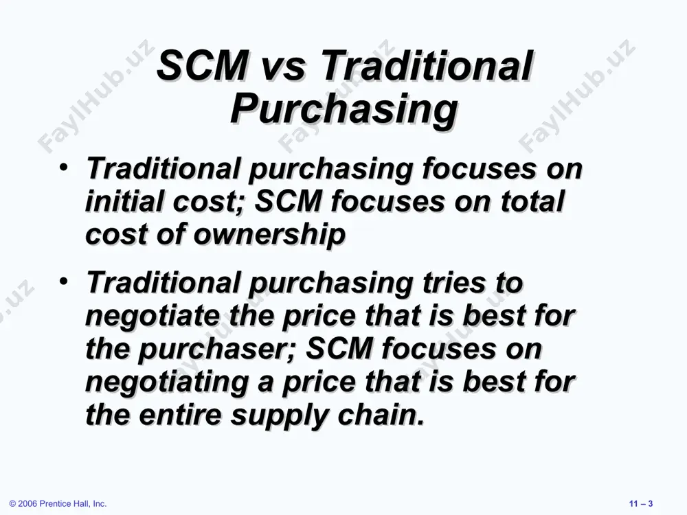 nd international laws, customs, and practices, your organization’s policies, and these ethical principles and standards of conduct enhance the stature of the supply management profession table 11.5 * © 2006 prentice hall, inc. 11 – * managing the supply chain mutual agreement on goals trust compatible organizational cultures there are significant management issues in controlling a supply chain involving many independent organizations * © 2006 prentice hall, inc. 11 – * radio frequency tags * © 2006 prentice hall, inc. 11 – * vendor selection vendor evaluation critical decision find potential vendors determine the likelihood of them becoming good suppliers vendor development training engineering and production help establish policies and procedures * © 2006 prentice hall, inc. 11 – * vendor selection negotiations cost-based price model - supplier opens books to purchaser market-based price model - price based on published, auction, or indexed price competitive bidding - used for infrequent …