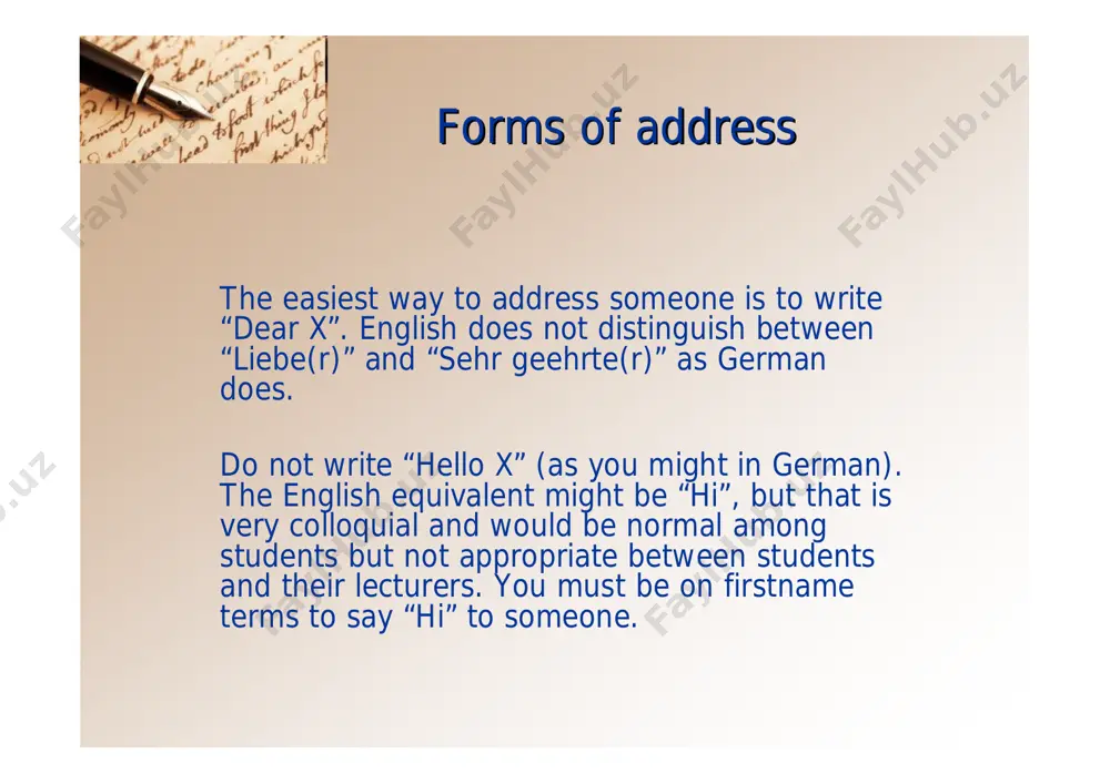 liographische angaben) thesis (g. schriftliche examensarbeit) term essay (g. schriftliche semesterarbeit) written exam (g. schriftliche prüfung) orals (usual in the plural) (g. mündliche prüfung) mark (english) (g. note) grade (american) asking questionsasking questions when asking questions in an email, please provide all necessary information. for instance, don’t just say “in our course”, “the essay i am writing” because we, the lecturers, have hundreds of students to supervise and need to have precise information. so state the course in question, tell us what semester you are in and for what module you are writing an essay, etc. this way you will get an appropriate answer promptly. salutationsalutation there are a variety of ways to end an email in english. the simplest way is “best regards” or “best wishes”. the expression “yours truly” is quite stilted as are all the other variations on this, e.g. “yours sincerely, yours faithfully”, etc. in email …