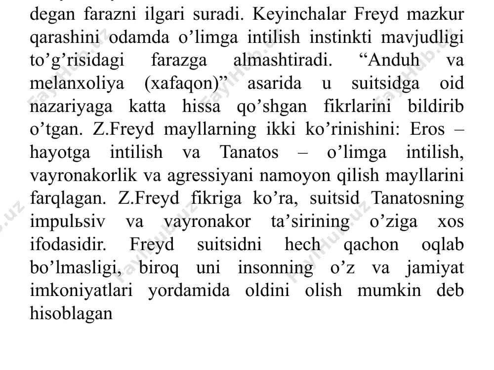 zining niyati haqida bildirishdir; - suitsidal harakatning hayotdagi umumiy xulq-atvor tarziga mos kelishi umumiy qonuniyatni tashkil etadi. 13 а.e. lichko fikriga koʼra, tarbiyaning muvozanatlashmagan (disgarmonik) shakli u yoki bu koʼrinishdagi xarakter aktsentuatsiyasining, shu jumladan oʼzini oʼzi mahkum etuvchi xulq shakllarining shakllanishi va mustahkamlanishiga imkon tugʼdiradi. suitsid bilan nisbatan chambarchas bogʼlangan stressorlarning uch guruhi aniqlangan: 1. shaxslararo muammolar (nizolar, ayriliq, xoʼrlanish). oʼz joniga qasd qilishni sodir etish uchun jiddiy va yetakchi motivni psixik shikastlanish tashkil etib 2. iqtisodiy muammolar. oʼz joniga qasd qilish chastotasi yuqori daromadli kishilardan koʼra, kam daromadli kishilarda 1,6 barobar ortiqdir 3. somatik kasalliklar, infektsiyalar va nospetsifik tana shikoyatlari (charchoqlik, uyquning buzilganligi va zoʼriqish hissi) suitsidga undovchi aslosiy motivlar oilaviy nizolar yaqin insonining oʼlimi javobsiz sevgi аlkogolь va narkotik moddalarni istemol qilish iqtisodiy muammolar ijtimoiy makeni yukotilishi suitsidal faollikni cheklash 1. suitsidga undvchi muammoni xal etish yullari mavjudligiga ishonish « yaqinlari oila aʼzolari uchun masʼuliyatni xis etish 3 …